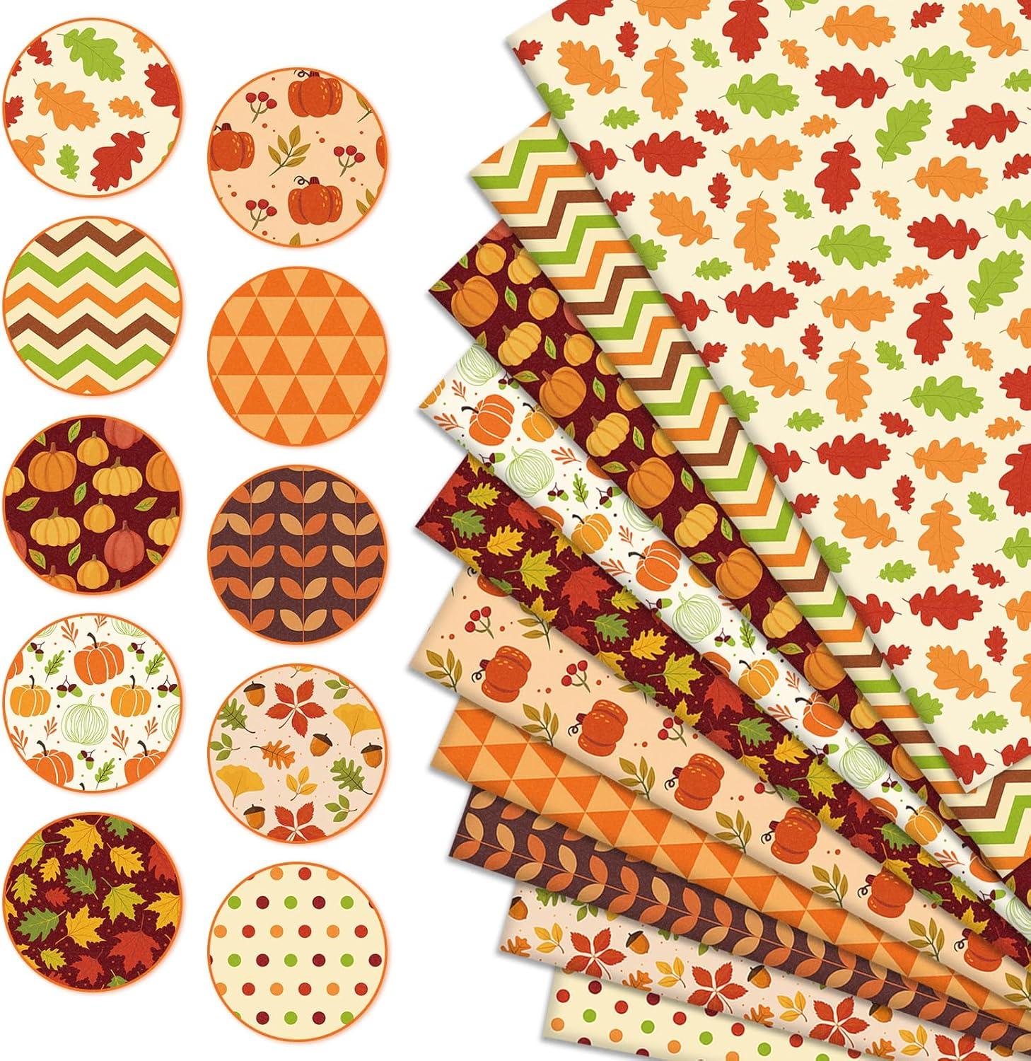 imageWhaline 10Pcs Fall Cotton Fabric Bundles 18 x 22 Inch Fall Leaves Pumpkin Wave Dot Fat Quarters Autumn Quilting Patchwork Squares Sewing Fabrics for Fall Thanksgiving DIY Handmade Craft Party Decor18 x 22 inch