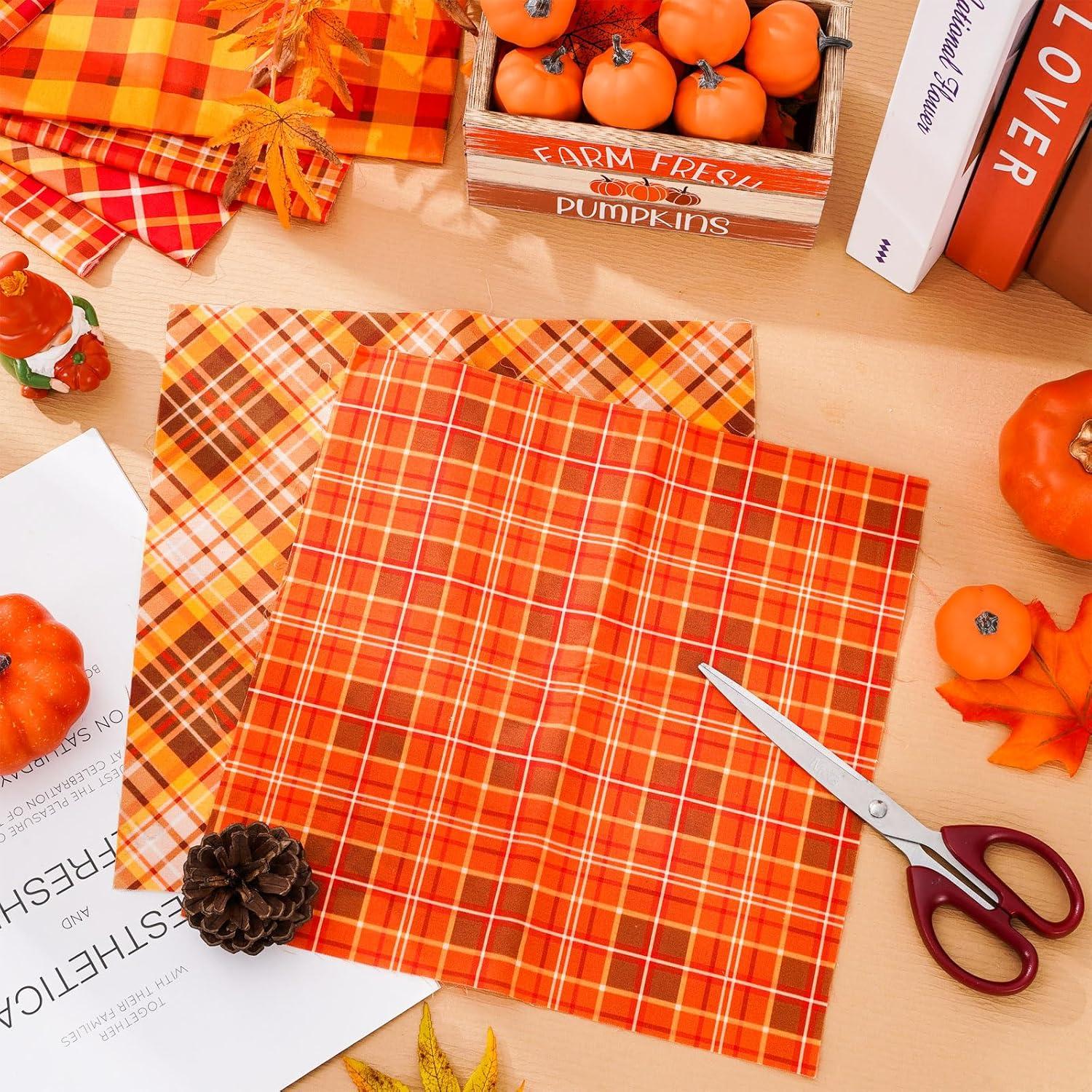 imageWhaline 12Pcs Fall Cotton Fabric Bundles 18 x 22 Inch Autumn Buffalo Plaid Fat Quarters Plaid Quilting Patchwork Squares Sewing Fabrics for Harvest Thanksgiving DIY Handmade Craft Home Party Decor10 x 10 Inch
