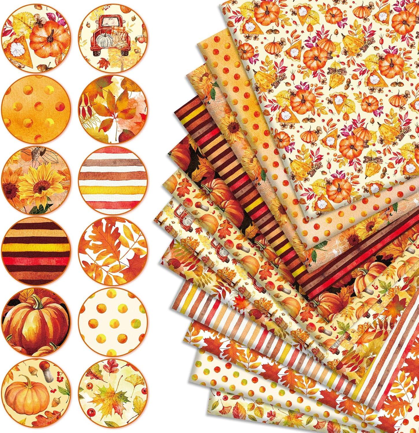 imageWhaline 12Pcs Fall Cotton Fabric Bundles 18 x 22 Inch Watercolor Pumpkin Maple Sunflower Fat Quarters Autumn Quilting Patchwork Squares Sewing Fabrics for Fall Thanksgiving DIY Craft Party Decor