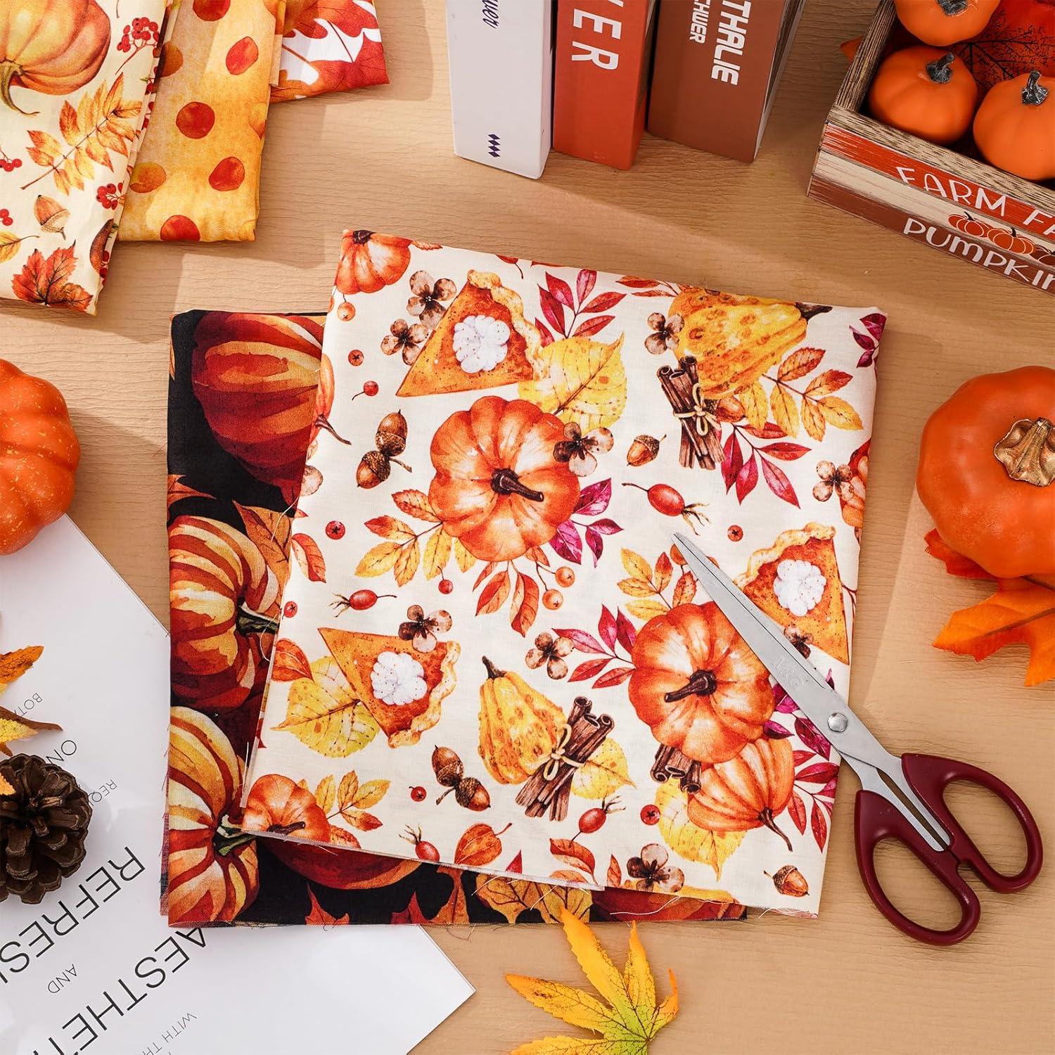 imageWhaline 12Pcs Fall Cotton Fabric Bundles 18 x 22 Inch Watercolor Pumpkin Maple Sunflower Fat Quarters Autumn Quilting Patchwork Squares Sewing Fabrics for Fall Thanksgiving DIY Craft Party Decor