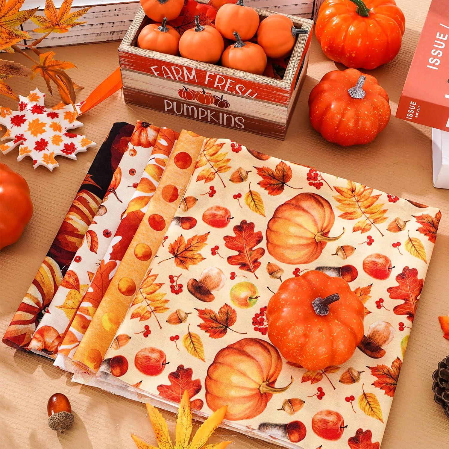 imageWhaline 12Pcs Fall Cotton Fabric Bundles 18 x 22 Inch Watercolor Pumpkin Maple Sunflower Fat Quarters Autumn Quilting Patchwork Squares Sewing Fabrics for Fall Thanksgiving DIY Craft Party Decor