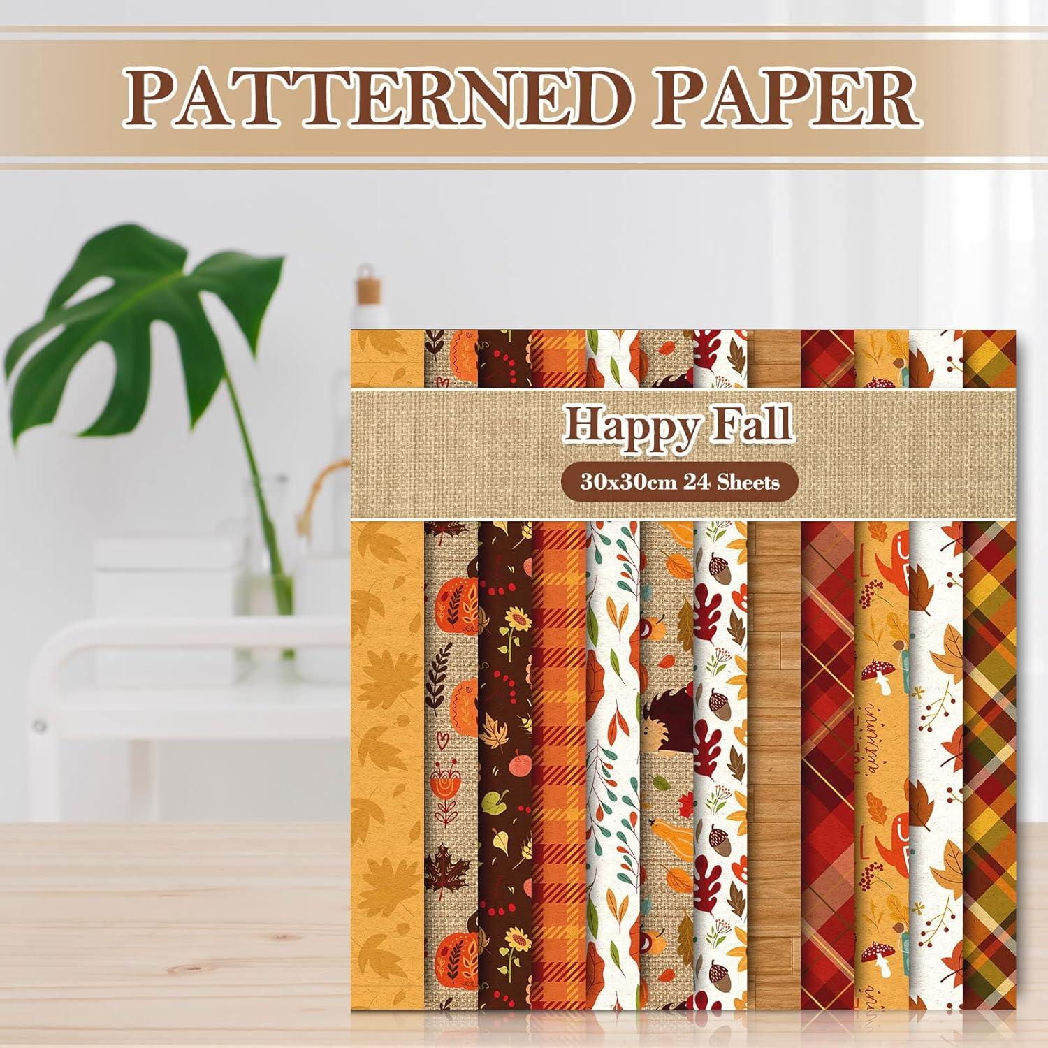imageWhaline 24Pcs Fall Pattern Paper 30x30cm Colorful Fall Leaves Pumpkin Plaid DoubleSided Scrapbook Specialty Paper Folded Flat for DIY Decorative Background Card Making Photo Album Junk Journal Decor