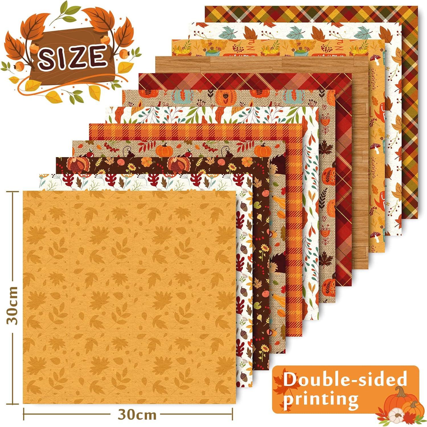 imageWhaline 24Pcs Fall Pattern Paper 30x30cm Colorful Fall Leaves Pumpkin Plaid DoubleSided Scrapbook Specialty Paper Folded Flat for DIY Decorative Background Card Making Photo Album Junk Journal Decor
