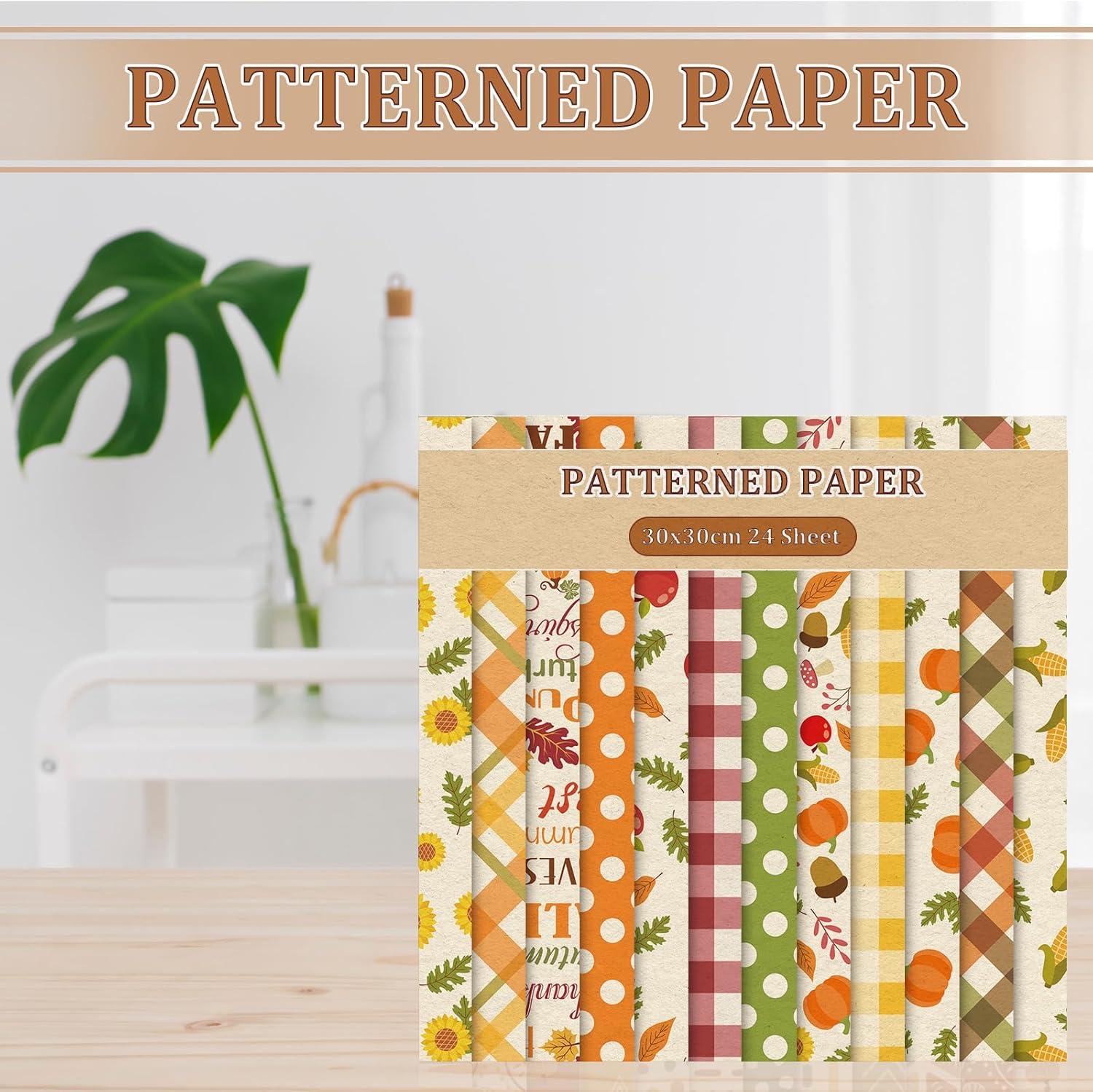 imageWhaline 24Pcs Fall Pattern Paper Autumn Leaves Pumpkin Plaid Waves Scrapbook Colorful Double Sided Decorative DIY Art Craft Paper For Card Making Scrapbook Photo Album Decor 118 x 118 Inch