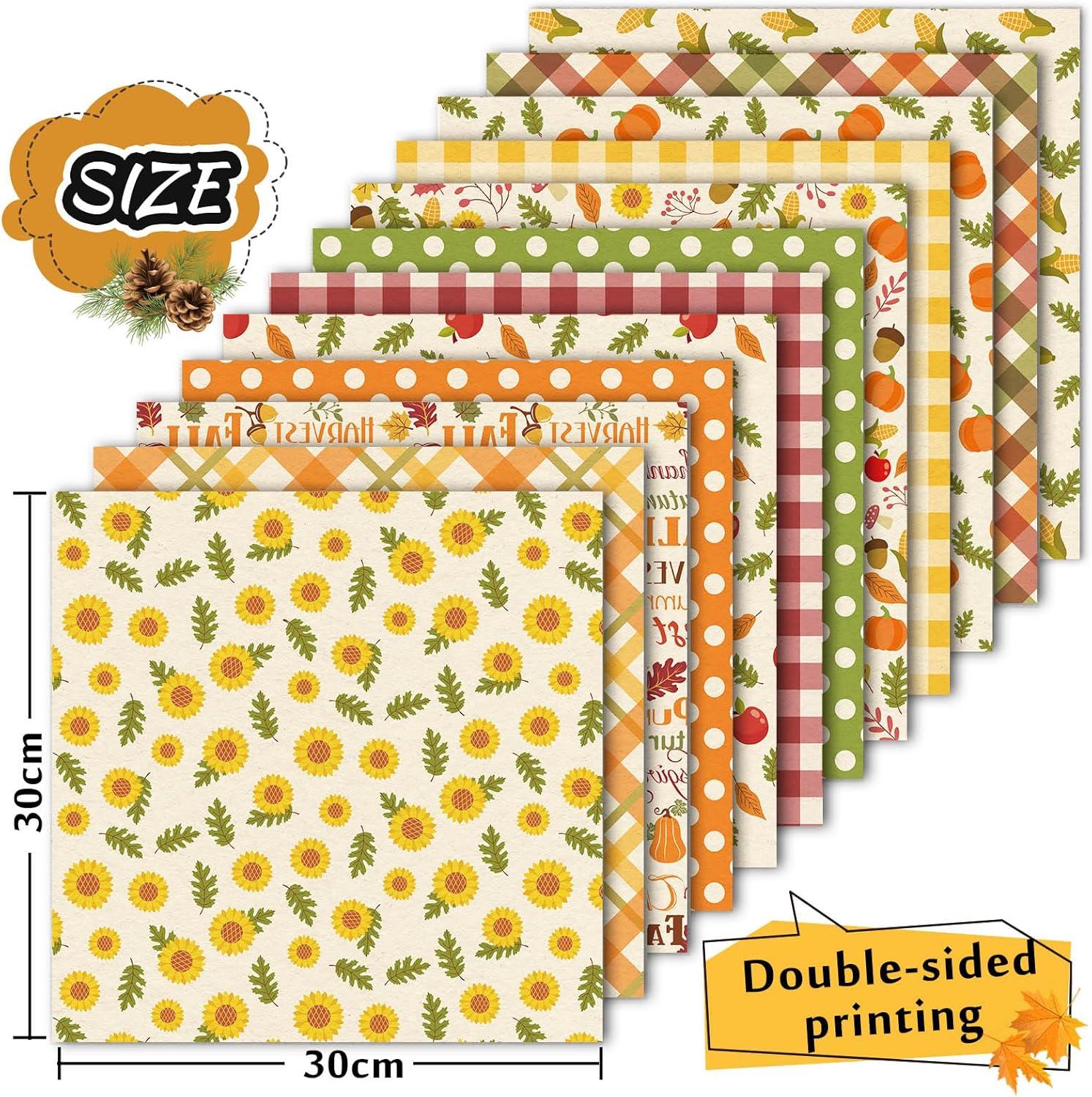 imageWhaline 24Pcs Fall Pattern Paper Autumn Leaves Pumpkin Plaid Waves Scrapbook Colorful Double Sided Decorative DIY Art Craft Paper For Card Making Scrapbook Photo Album Decor 118 x 118 Inch