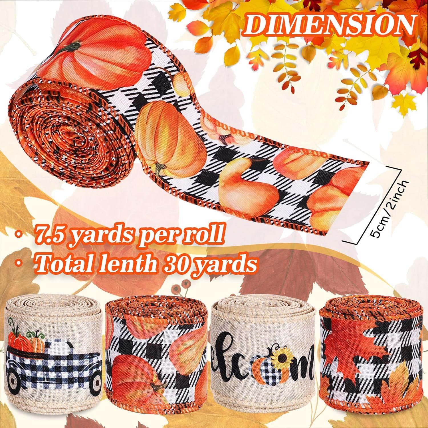 imageWhaline 30 Yard Fall Thanksgiving Wired Edge Ribbon White Black Buffalo Plaids Ribbon Autumn Leaves Pumpkin Truck Craft Ribbons Rustic Vintage Farmhouse Wrapping Ribbon for Wreath Floral Bow 4 Rolls