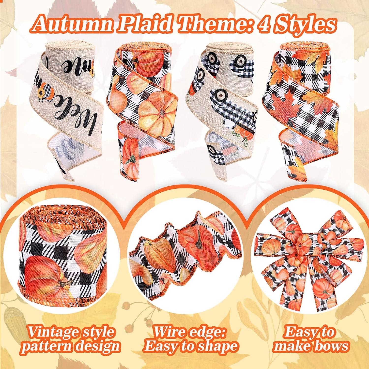imageWhaline 30 Yard Fall Thanksgiving Wired Edge Ribbon White Black Buffalo Plaids Ribbon Autumn Leaves Pumpkin Truck Craft Ribbons Rustic Vintage Farmhouse Wrapping Ribbon for Wreath Floral Bow 4 Rolls