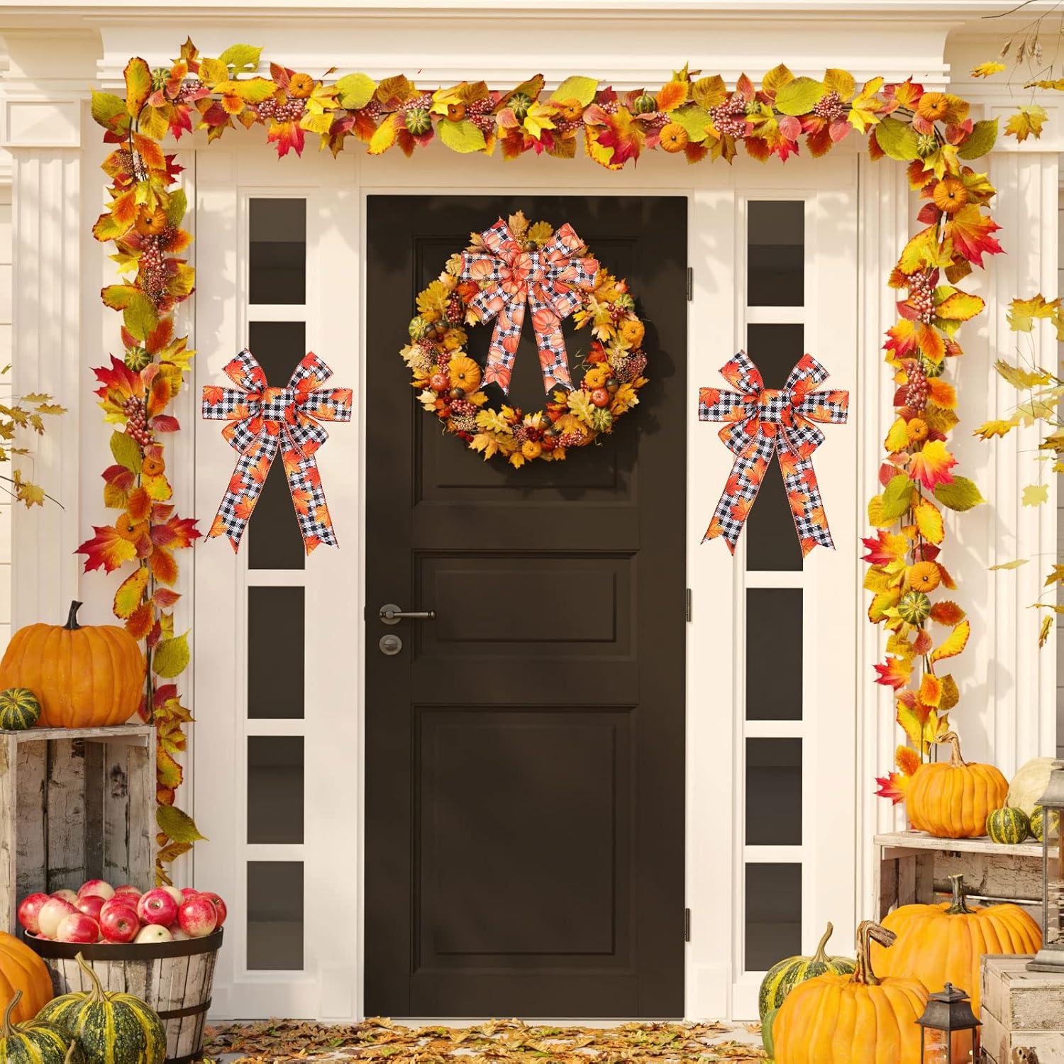 imageWhaline 30 Yard Fall Thanksgiving Wired Edge Ribbon White Black Buffalo Plaids Ribbon Autumn Leaves Pumpkin Truck Craft Ribbons Rustic Vintage Farmhouse Wrapping Ribbon for Wreath Floral Bow 4 Rolls