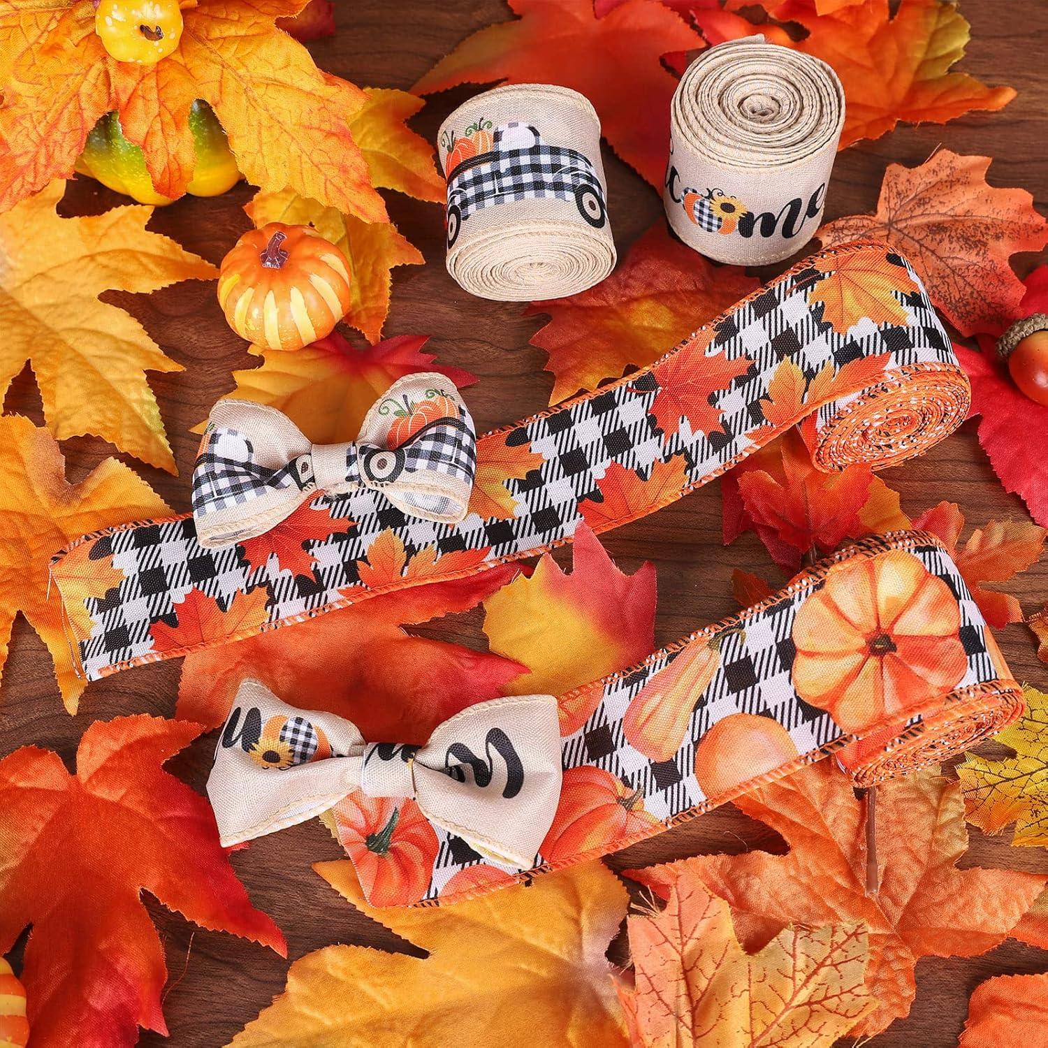 imageWhaline 30 Yard Fall Thanksgiving Wired Edge Ribbon White Black Buffalo Plaids Ribbon Autumn Leaves Pumpkin Truck Craft Ribbons Rustic Vintage Farmhouse Wrapping Ribbon for Wreath Floral Bow 4 Rolls