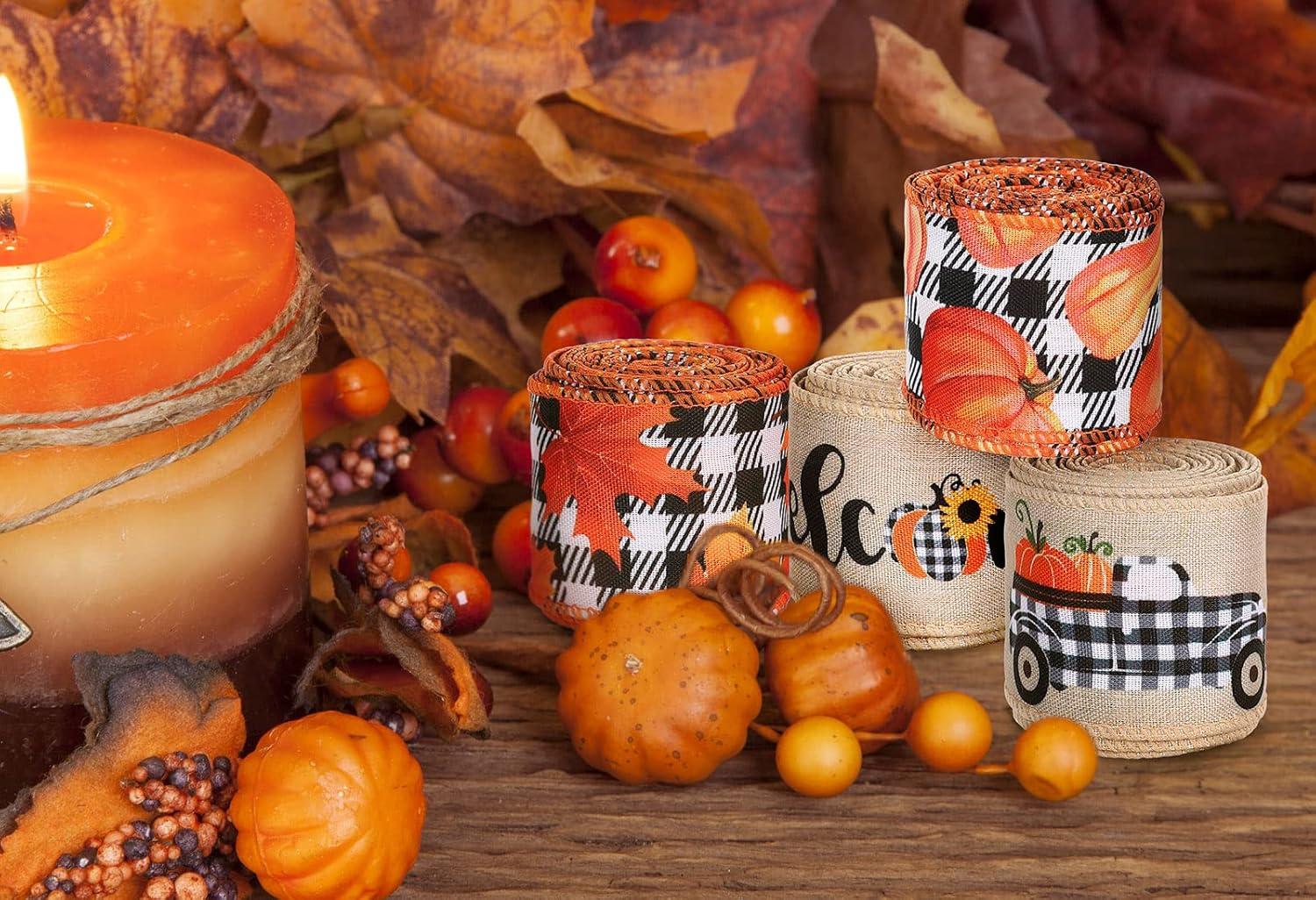 imageWhaline 30 Yard Fall Thanksgiving Wired Edge Ribbon White Black Buffalo Plaids Ribbon Autumn Leaves Pumpkin Truck Craft Ribbons Rustic Vintage Farmhouse Wrapping Ribbon for Wreath Floral Bow 4 Rolls