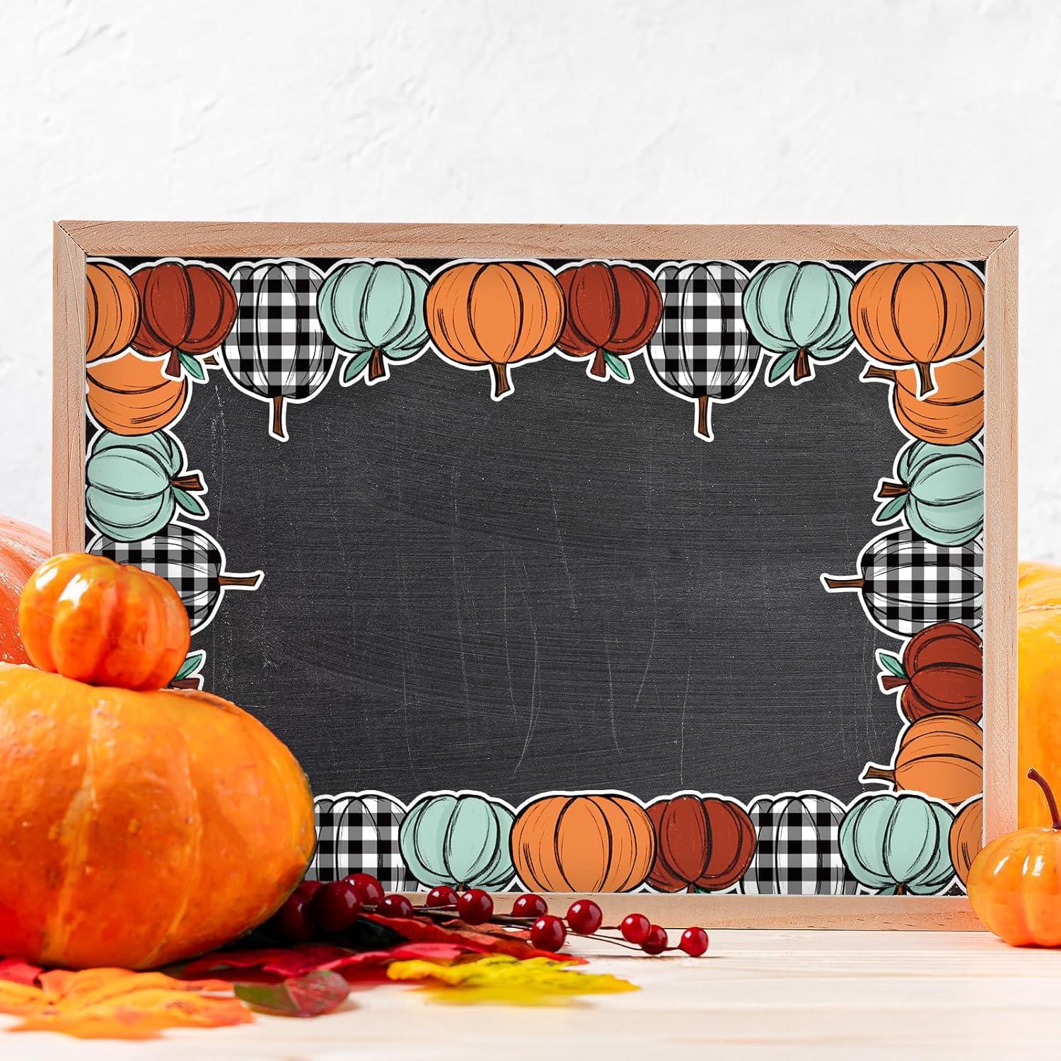 imageWhaline 328ft Fall Bulletin Board Borders Red Orange Plaid Pumpkin DieCut Border Trim for Autumn Thanksgiving School Classroom Office Chalkboard Decoration