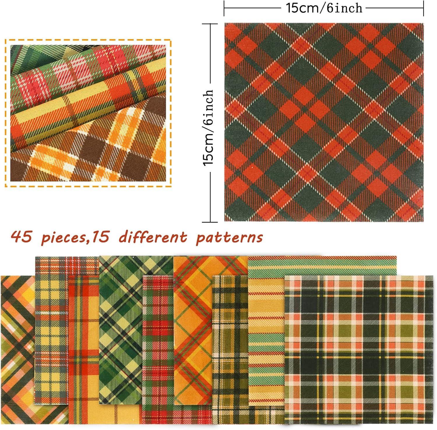 imageWhaline 45Pcs Fall Fabric Cotton Autumn Plaids Squares Plaids Quilting Fabric 15 Designs Patchwork Precut Quilt Charm Square Cloth Sewing for Harvest Thanksgiving Party DIY Crafts 6 x 6 Inch
