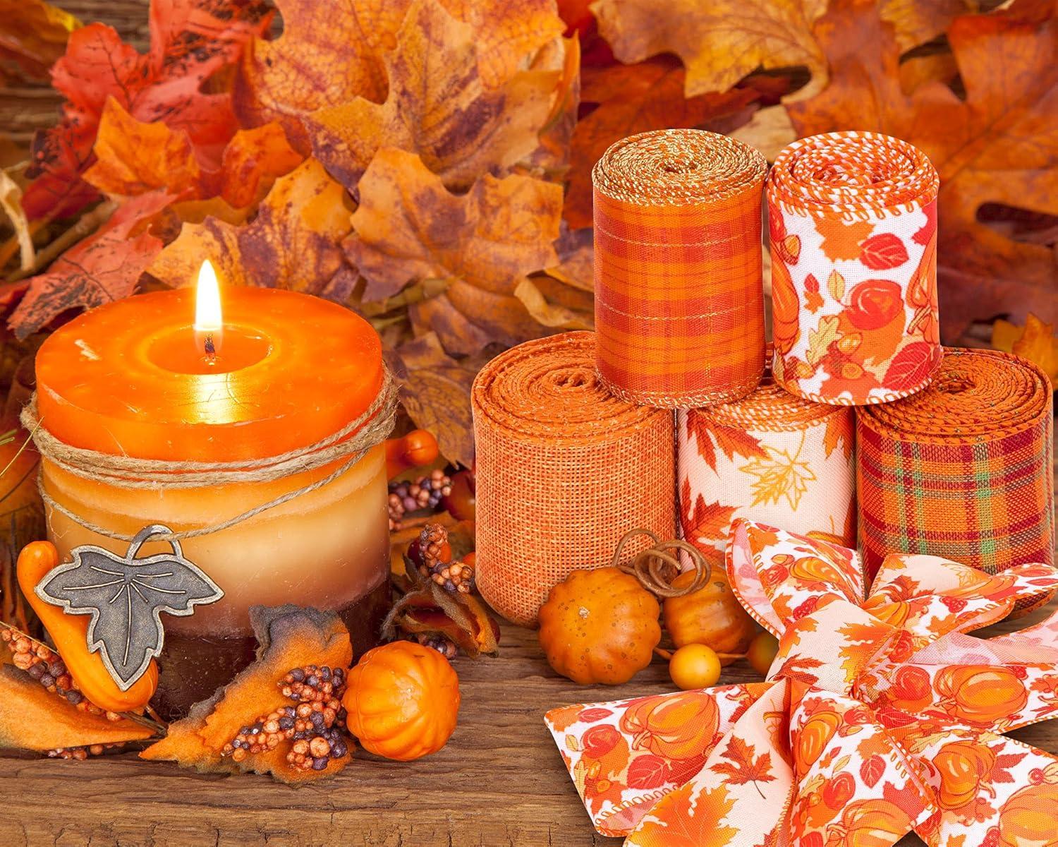 imageWhaline 6 Rolls Fall Thanksgiving Burlap Ribbon 30 Yard Orange Plaid Autumn Harvest Ribbon Pumpkin Fall Leaves Wired Edge Wrapping Ribbons for Holiday Wreath Bows Gift Wrapping Craft Decor 25In