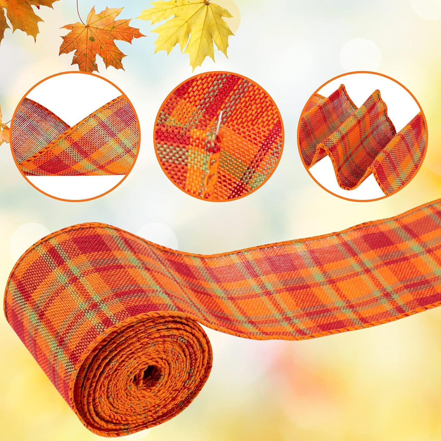 imageWhaline 6 Rolls Fall Thanksgiving Burlap Ribbon 30 Yard Orange Plaid Autumn Harvest Ribbon Pumpkin Fall Leaves Wired Edge Wrapping Ribbons for Holiday Wreath Bows Gift Wrapping Craft Decor 25In