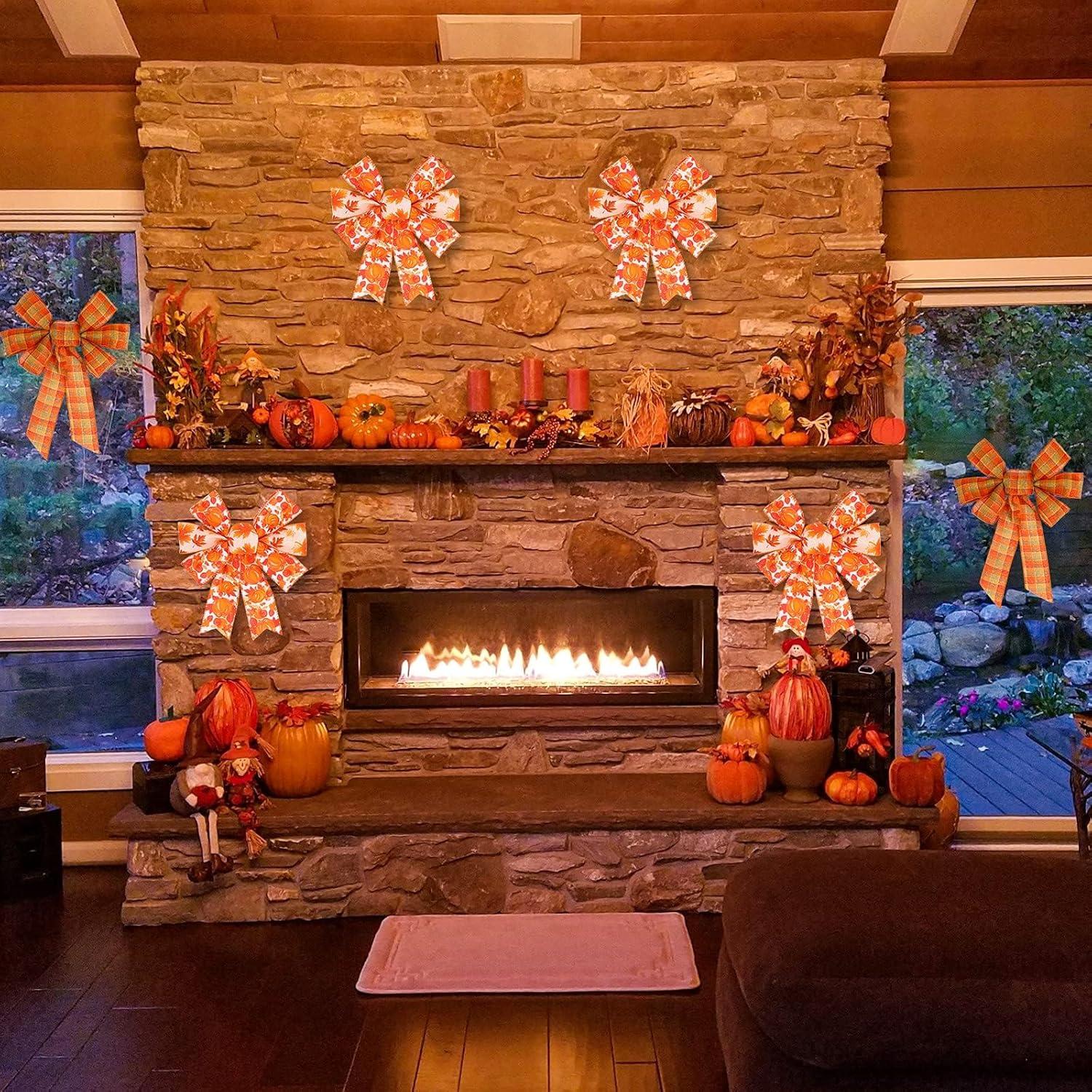 imageWhaline 6 Rolls Fall Thanksgiving Burlap Ribbon 30 Yard Orange Plaid Autumn Harvest Ribbon Pumpkin Fall Leaves Wired Edge Wrapping Ribbons for Holiday Wreath Bows Gift Wrapping Craft Decor 25In