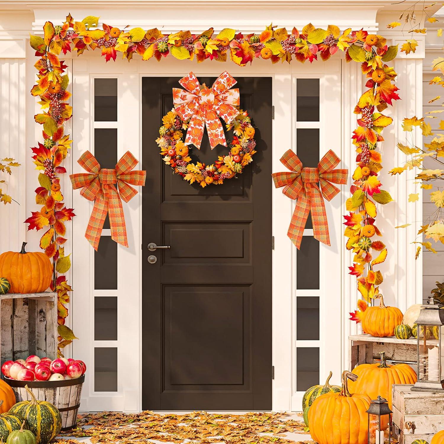 imageWhaline 6 Rolls Fall Thanksgiving Burlap Ribbon 30 Yard Orange Plaid Autumn Harvest Ribbon Pumpkin Fall Leaves Wired Edge Wrapping Ribbons for Holiday Wreath Bows Gift Wrapping Craft Decor 25In