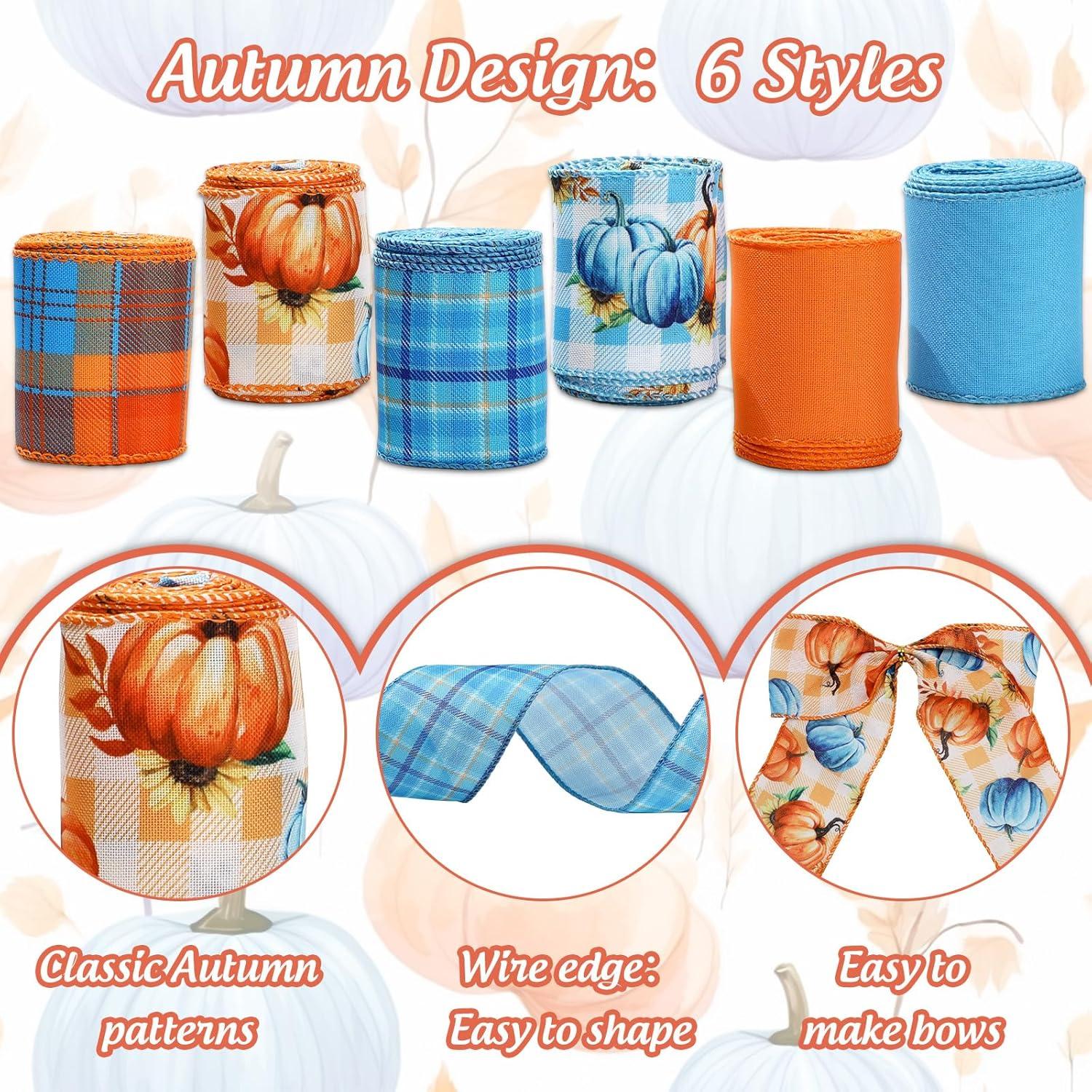 imageWhaline 6 Rolls Thanksgiving Fall Wired Edge Ribbon Blue Orange Pumpkin Plaid Craft Ribbon Decorative Fabric Ribbons for Autumn Thanksgiving DIY Crafts 25In x 90FtBlue