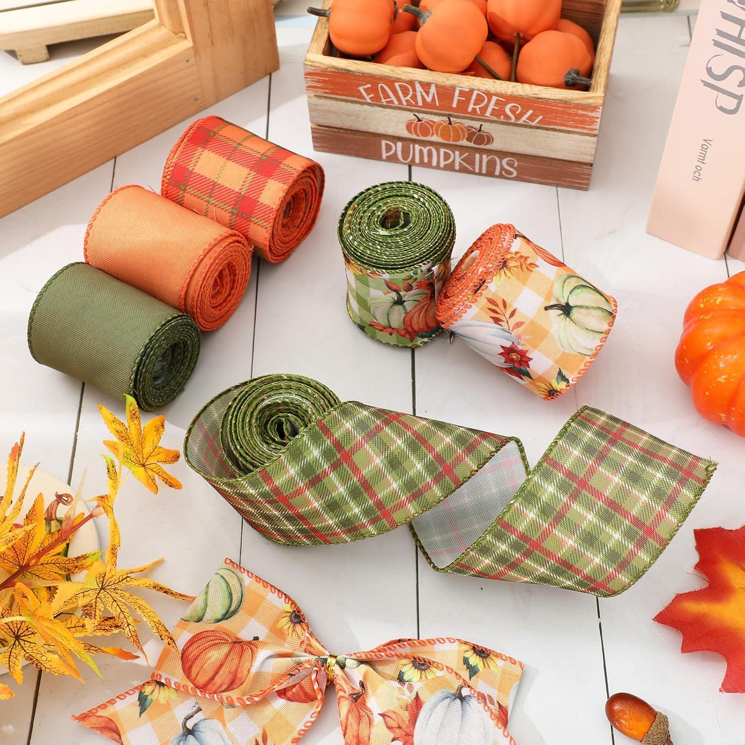 imageWhaline 6 Rolls Thanksgiving Fall Wired Edge Ribbon Blue Orange Pumpkin Plaid Craft Ribbon Decorative Fabric Ribbons for Autumn Thanksgiving DIY Crafts 25In x 90FtGreen