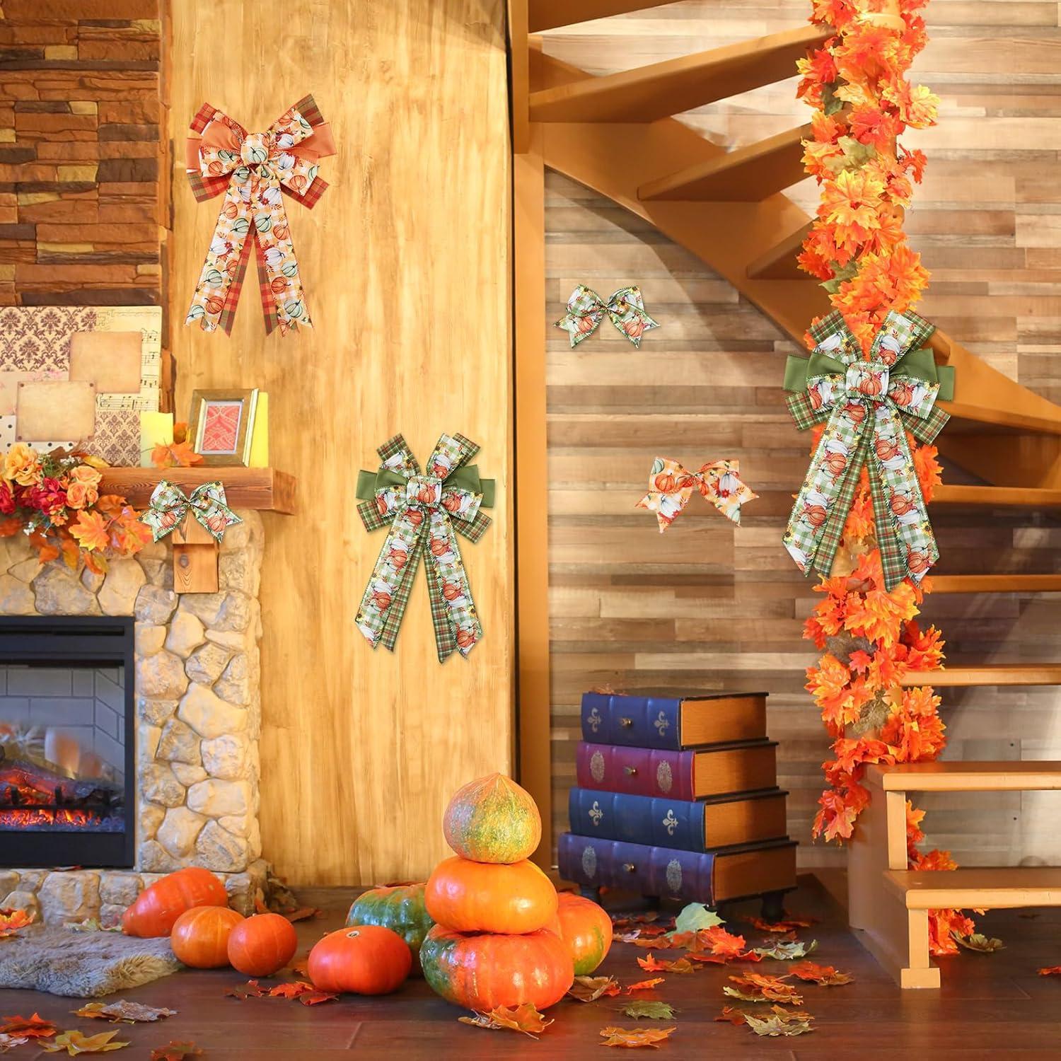 imageWhaline 6 Rolls Thanksgiving Fall Wired Edge Ribbon Blue Orange Pumpkin Plaid Craft Ribbon Decorative Fabric Ribbons for Autumn Thanksgiving DIY Crafts 25In x 90FtGreen