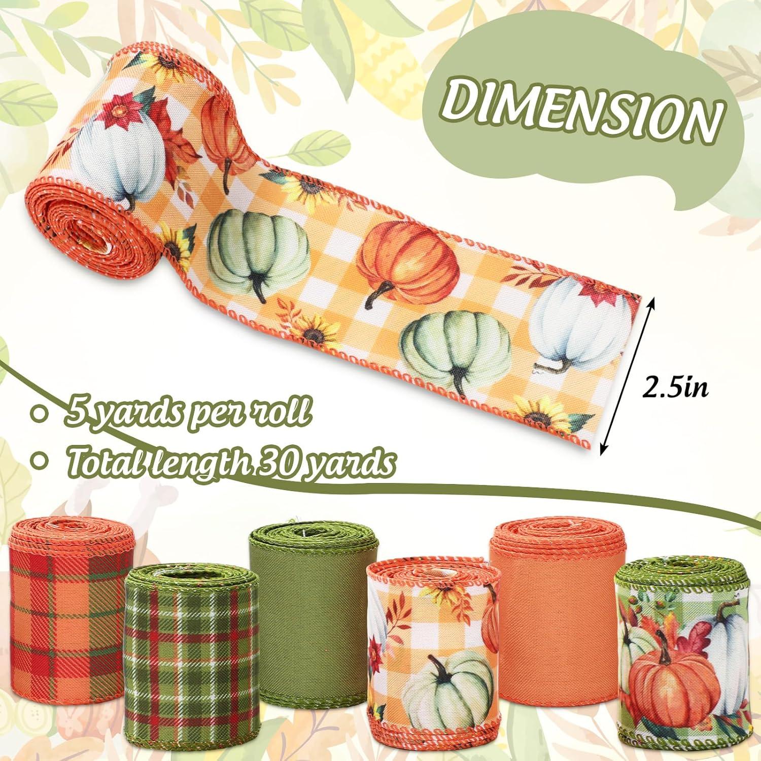 imageWhaline 6 Rolls Thanksgiving Fall Wired Edge Ribbon Blue Orange Pumpkin Plaid Craft Ribbon Decorative Fabric Ribbons for Autumn Thanksgiving DIY Crafts 25In x 90FtGreen