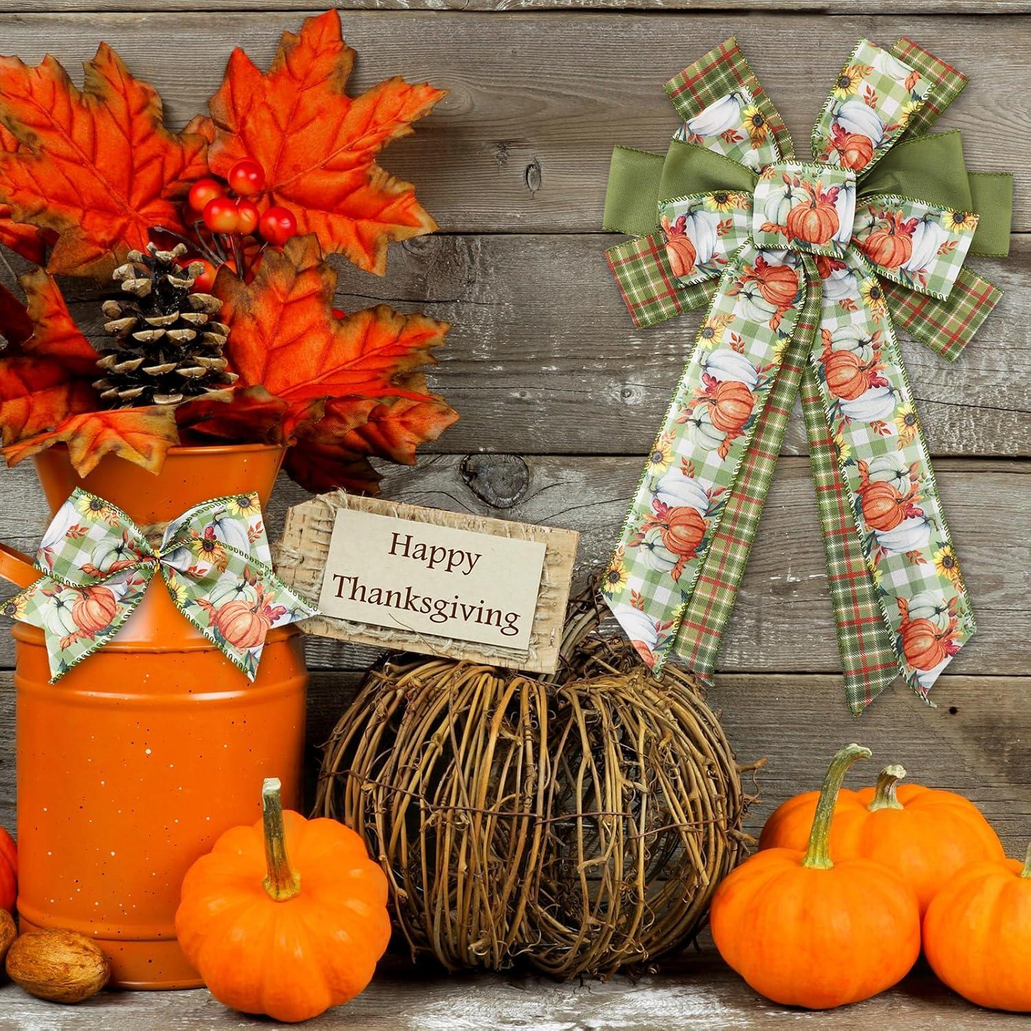 imageWhaline 6 Rolls Thanksgiving Fall Wired Edge Ribbon Blue Orange Pumpkin Plaid Craft Ribbon Decorative Fabric Ribbons for Autumn Thanksgiving DIY Crafts 25In x 90FtGreen