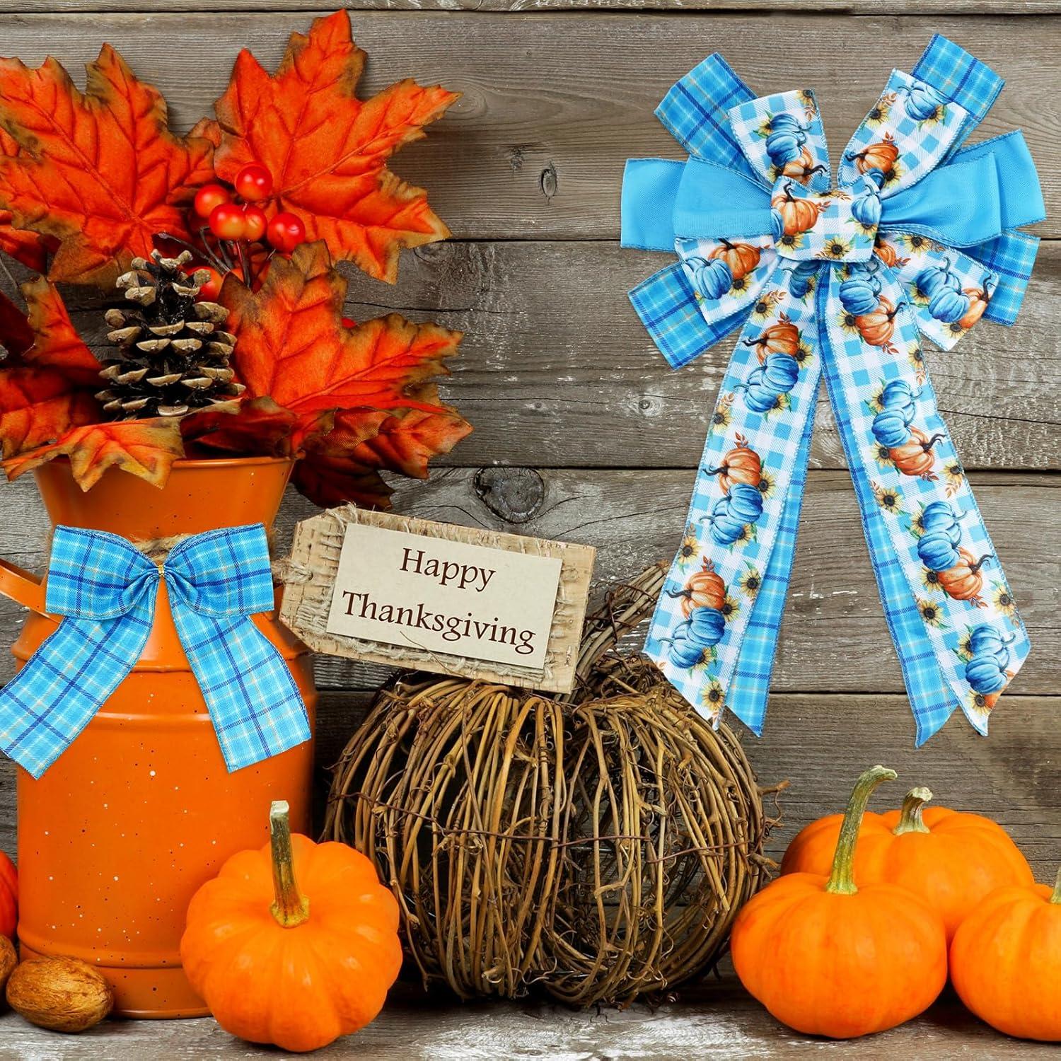 imageWhaline 6 Rolls Thanksgiving Fall Wired Edge Ribbon Blue Orange Pumpkin Plaid Craft Ribbon Decorative Fabric Ribbons for Autumn Thanksgiving DIY Crafts 25In x 90FtBlue