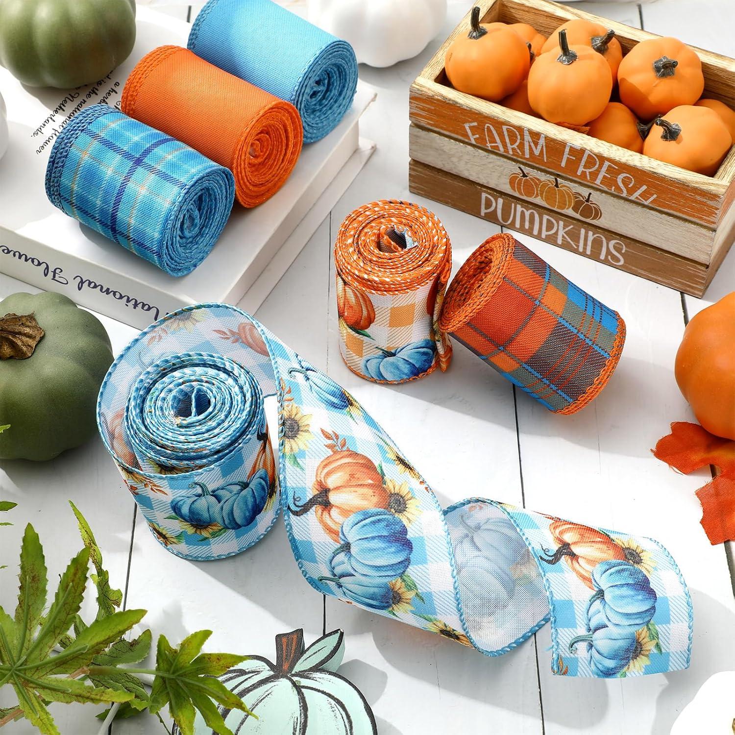 imageWhaline 6 Rolls Thanksgiving Fall Wired Edge Ribbon Blue Orange Pumpkin Plaid Craft Ribbon Decorative Fabric Ribbons for Autumn Thanksgiving DIY Crafts 25In x 90FtBlue
