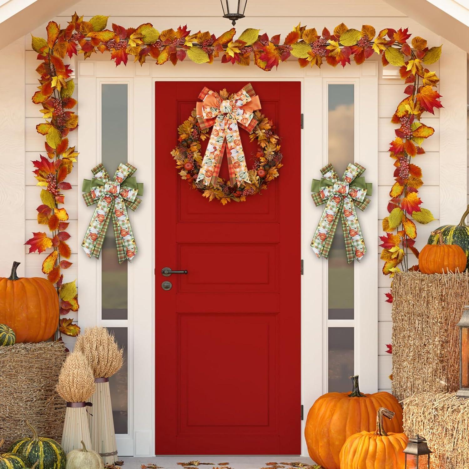 imageWhaline 6 Rolls Thanksgiving Fall Wired Edge Ribbon Blue Orange Pumpkin Plaid Craft Ribbon Decorative Fabric Ribbons for Autumn Thanksgiving DIY Crafts 25In x 90FtGreen