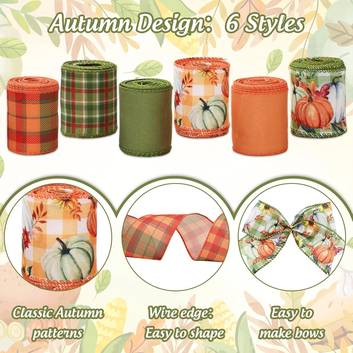 imageWhaline 6 Rolls Thanksgiving Fall Wired Edge Ribbon Blue Orange Pumpkin Plaid Craft Ribbon Decorative Fabric Ribbons for Autumn Thanksgiving DIY Crafts 25In x 90FtGreen