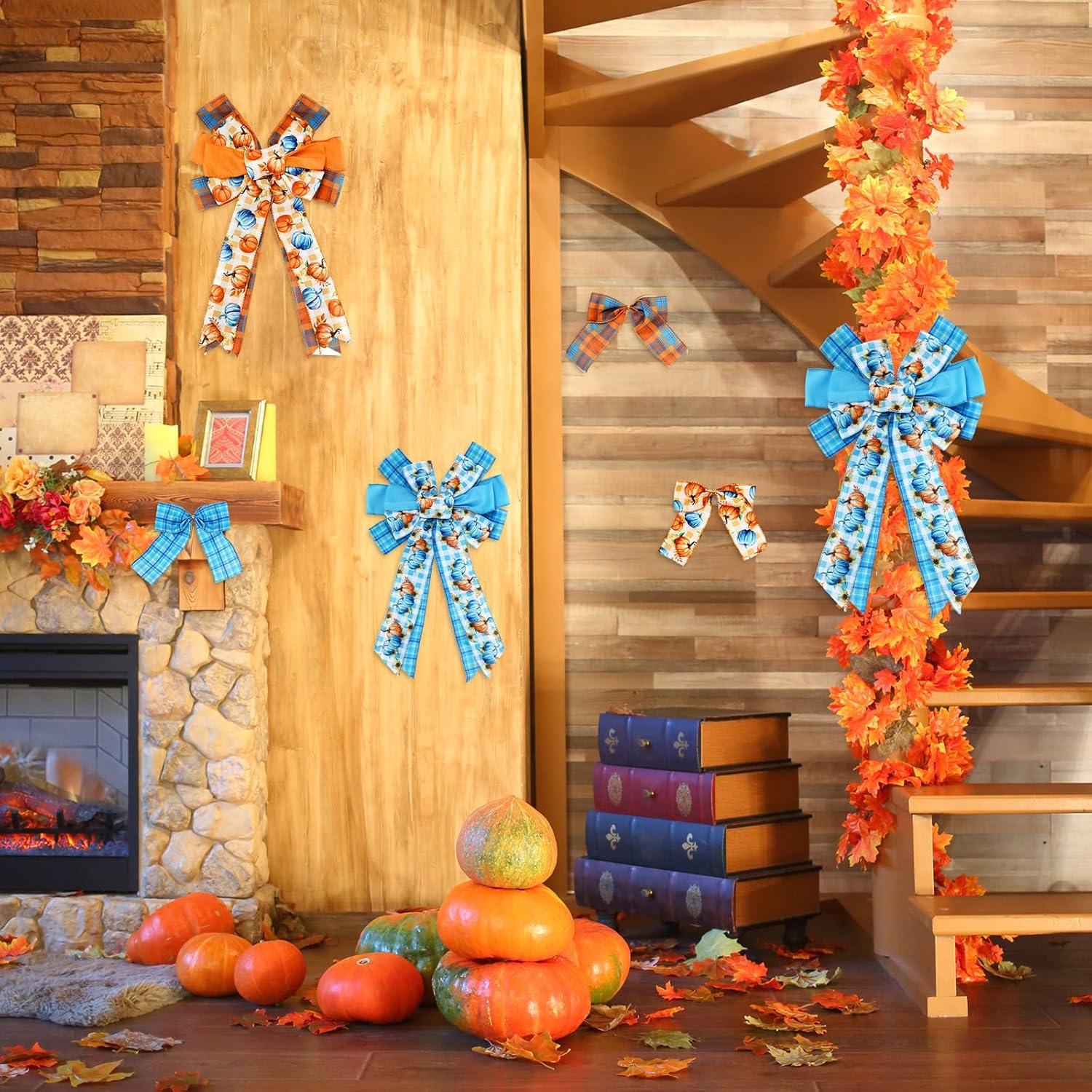 imageWhaline 6 Rolls Thanksgiving Fall Wired Edge Ribbon Blue Orange Pumpkin Plaid Craft Ribbon Decorative Fabric Ribbons for Autumn Thanksgiving DIY Crafts 25In x 90FtBlue