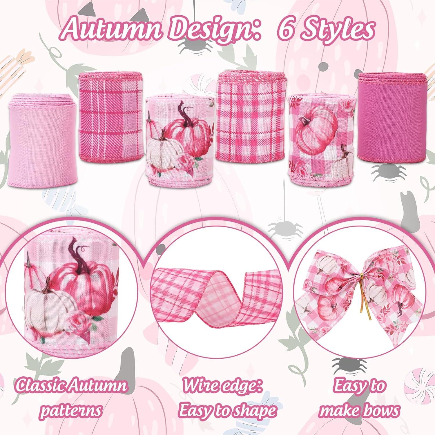 imageWhaline 6 Rolls Thanksgiving Fall Wired Edge Ribbon Blue Orange Pumpkin Plaid Craft Ribbon Decorative Fabric Ribbons for Autumn Thanksgiving DIY Crafts 25In x 90FtPink