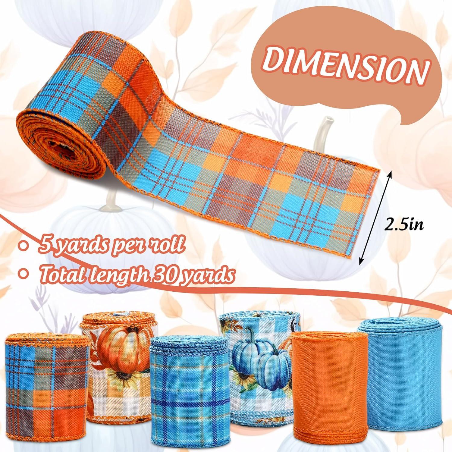 imageWhaline 6 Rolls Thanksgiving Fall Wired Edge Ribbon Blue Orange Pumpkin Plaid Craft Ribbon Decorative Fabric Ribbons for Autumn Thanksgiving DIY Crafts 25In x 90FtBlue
