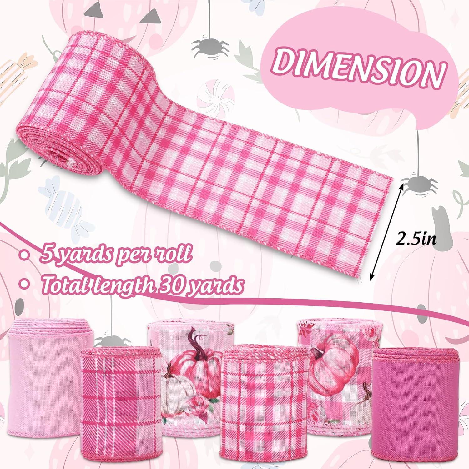 imageWhaline 6 Rolls Thanksgiving Fall Wired Edge Ribbon Blue Orange Pumpkin Plaid Craft Ribbon Decorative Fabric Ribbons for Autumn Thanksgiving DIY Crafts 25In x 90FtPink