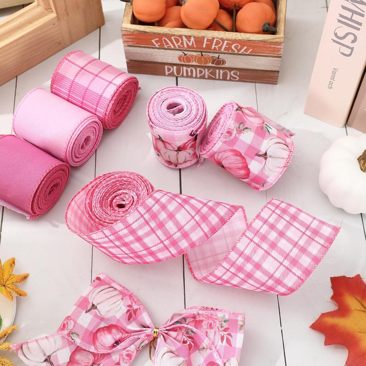 imageWhaline 6 Rolls Thanksgiving Fall Wired Edge Ribbon Blue Orange Pumpkin Plaid Craft Ribbon Decorative Fabric Ribbons for Autumn Thanksgiving DIY Crafts 25In x 90FtPink