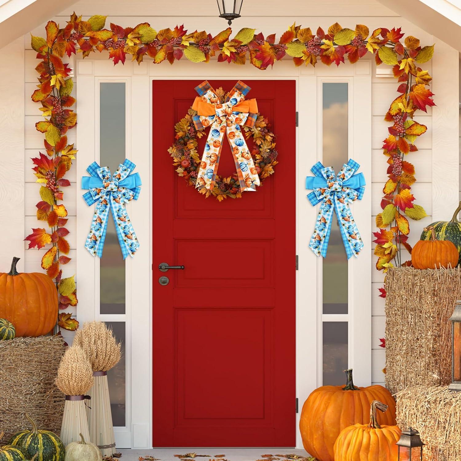 imageWhaline 6 Rolls Thanksgiving Fall Wired Edge Ribbon Blue Orange Pumpkin Plaid Craft Ribbon Decorative Fabric Ribbons for Autumn Thanksgiving DIY Crafts 25In x 90FtBlue