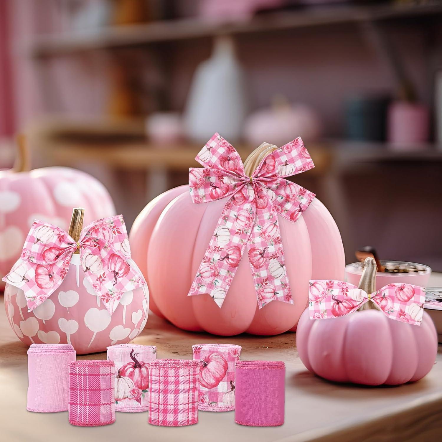 imageWhaline 6 Rolls Thanksgiving Fall Wired Edge Ribbon Blue Orange Pumpkin Plaid Craft Ribbon Decorative Fabric Ribbons for Autumn Thanksgiving DIY Crafts 25In x 90FtPink