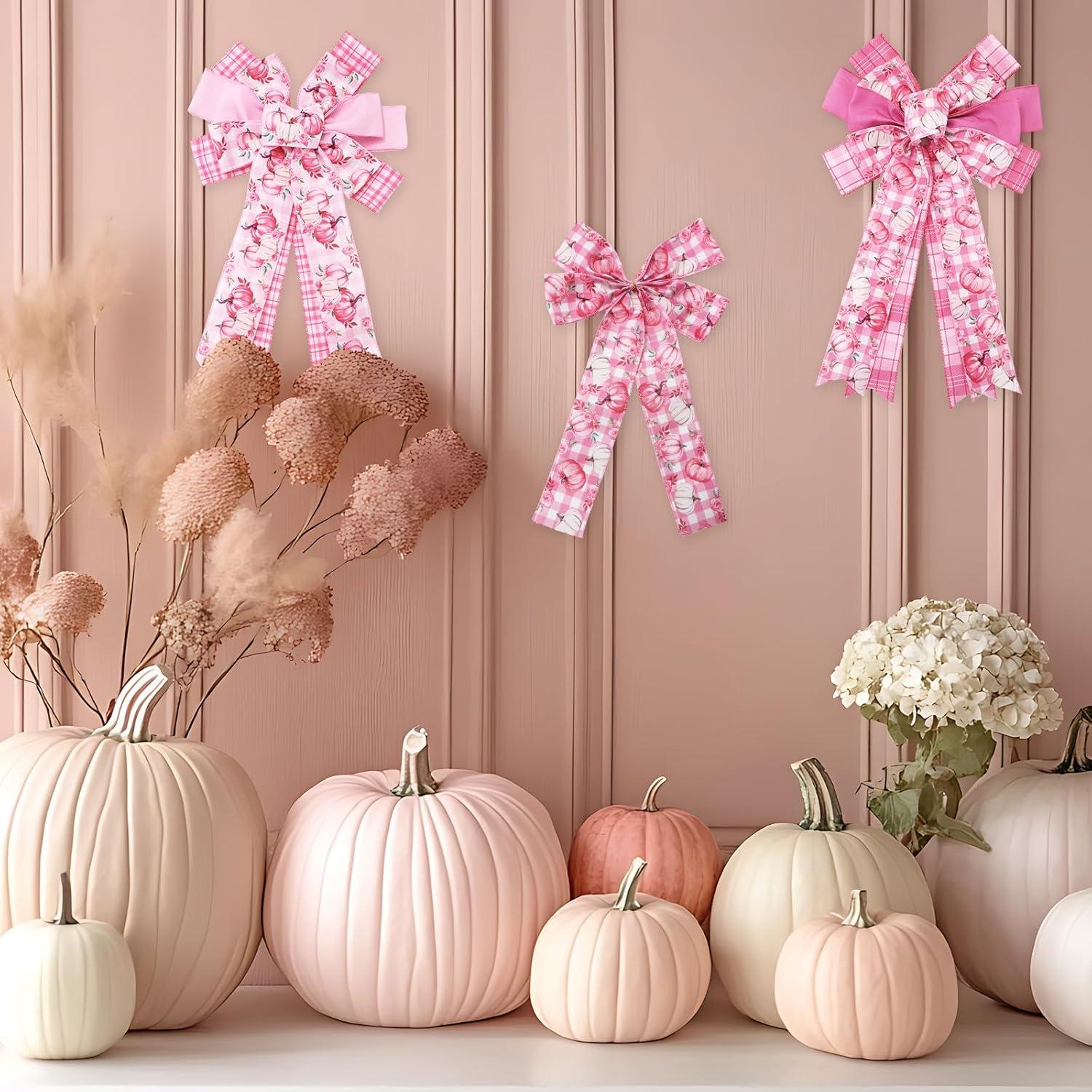 imageWhaline 6 Rolls Thanksgiving Fall Wired Edge Ribbon Blue Orange Pumpkin Plaid Craft Ribbon Decorative Fabric Ribbons for Autumn Thanksgiving DIY Crafts 25In x 90FtPink