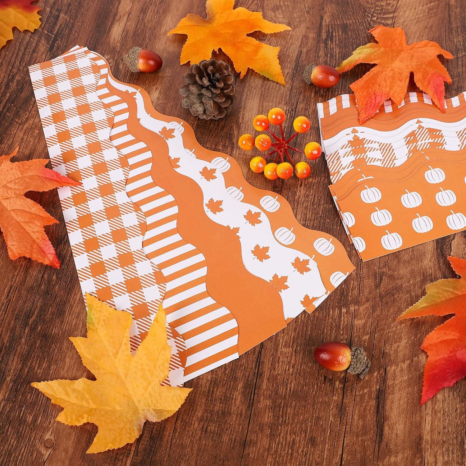 imageWhaline 69Ft Fall Bulletin Board Border Orange Autumn Thanksgiving Borders 60Pcs Pumpkin Maple Leaves Plaids Stripes Blackboard Border Sticker Border Trim for Harvest Classroom Chalkboard Decoration