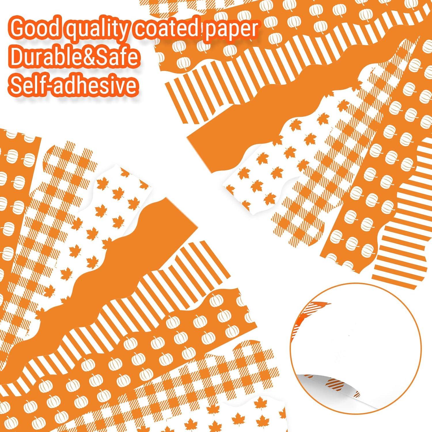 imageWhaline 69Ft Fall Bulletin Board Border Orange Autumn Thanksgiving Borders 60Pcs Pumpkin Maple Leaves Plaids Stripes Blackboard Border Sticker Border Trim for Harvest Classroom Chalkboard Decoration