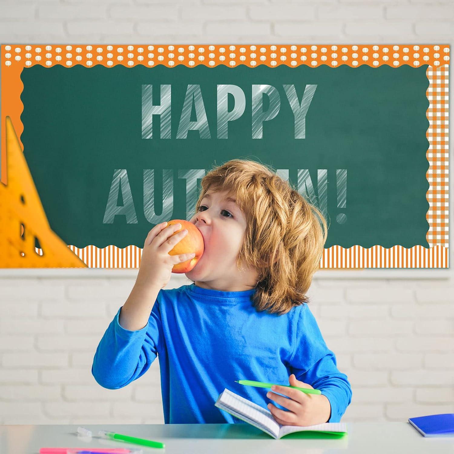 imageWhaline 69Ft Fall Bulletin Board Border Orange Autumn Thanksgiving Borders 60Pcs Pumpkin Maple Leaves Plaids Stripes Blackboard Border Sticker Border Trim for Harvest Classroom Chalkboard Decoration