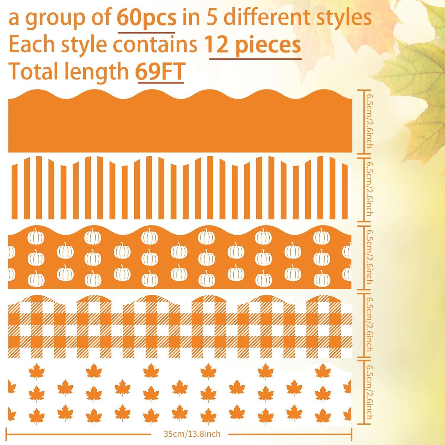 imageWhaline 69Ft Fall Bulletin Board Border Orange Autumn Thanksgiving Borders 60Pcs Pumpkin Maple Leaves Plaids Stripes Blackboard Border Sticker Border Trim for Harvest Classroom Chalkboard Decoration