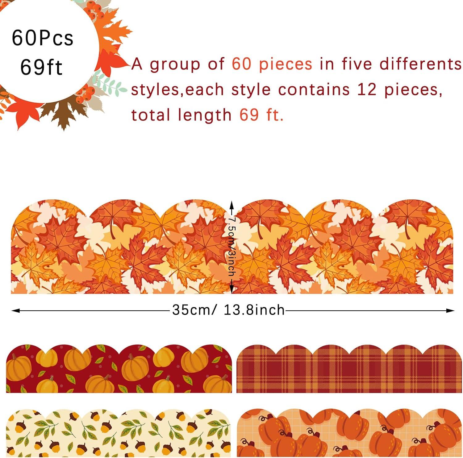 imageWhaline 69Ft Fall Thanksgiving Bulletin Board Borders 5 Design Maple Leaf Pumpkin Plaid Trim Board Borders SelfAdhesive Autumn Decoration Borders for School Classroom Office Party Decoration 60Pcs