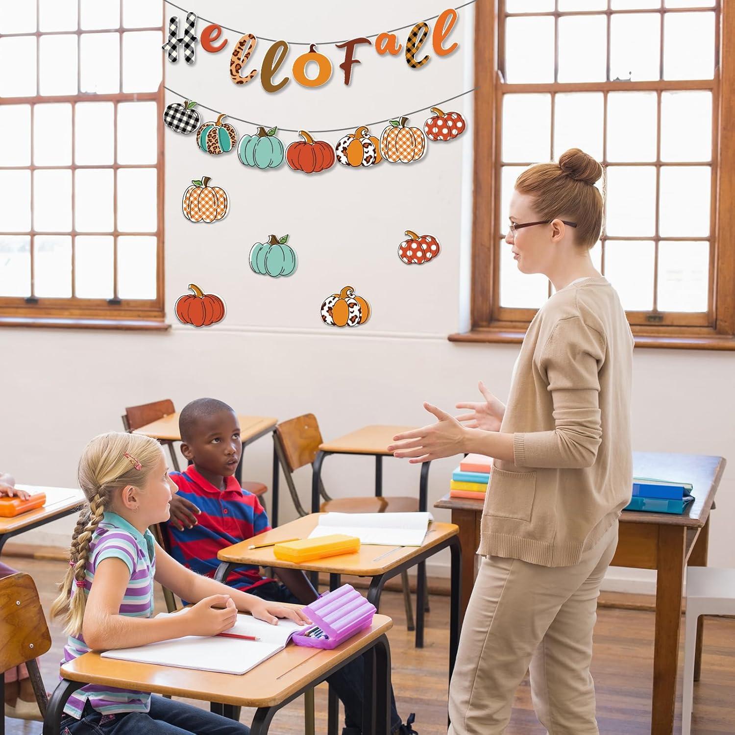 imageWhaline 83Pcs Hello Fall Bulletin Board Kit Pumpkin Bulletin Board Set Plaid Leopard Pumpkin Decoration Border Cutout with Glue Points for Fall Harvest Thanksgiving Classroom Office Home Decor