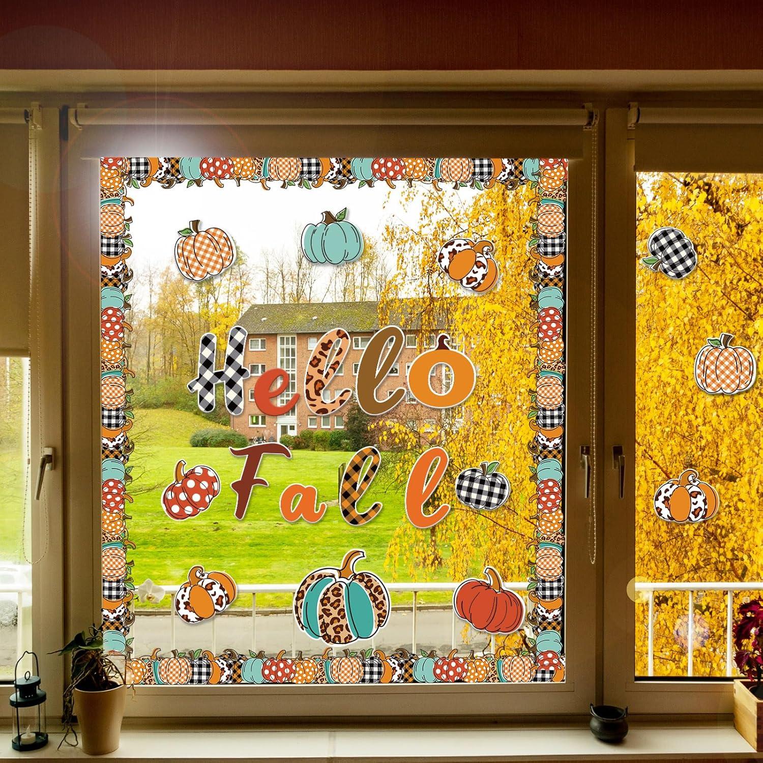 imageWhaline 83Pcs Hello Fall Bulletin Board Kit Pumpkin Bulletin Board Set Plaid Leopard Pumpkin Decoration Border Cutout with Glue Points for Fall Harvest Thanksgiving Classroom Office Home Decor