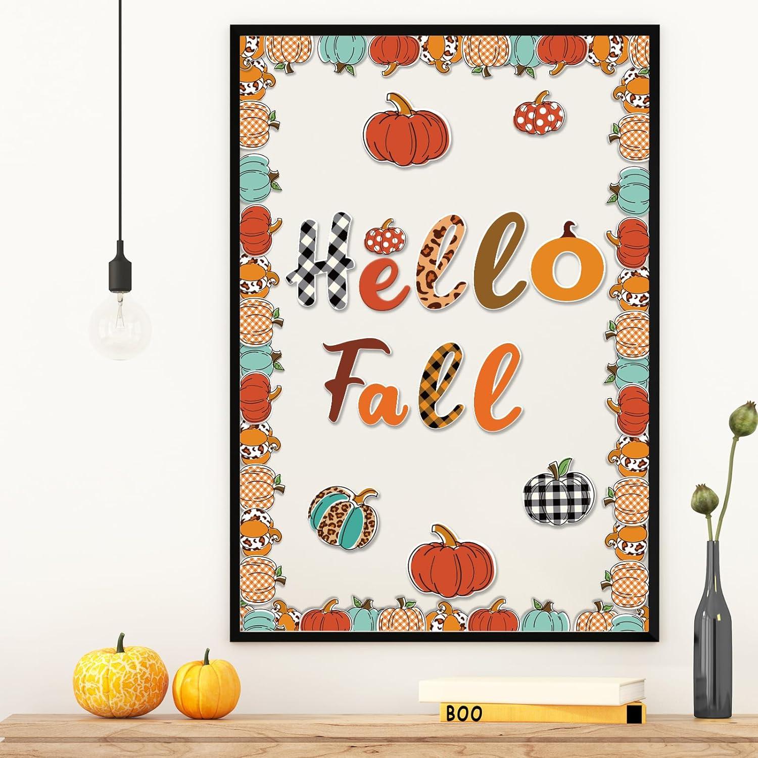 imageWhaline 83Pcs Hello Fall Bulletin Board Kit Pumpkin Bulletin Board Set Plaid Leopard Pumpkin Decoration Border Cutout with Glue Points for Fall Harvest Thanksgiving Classroom Office Home Decor