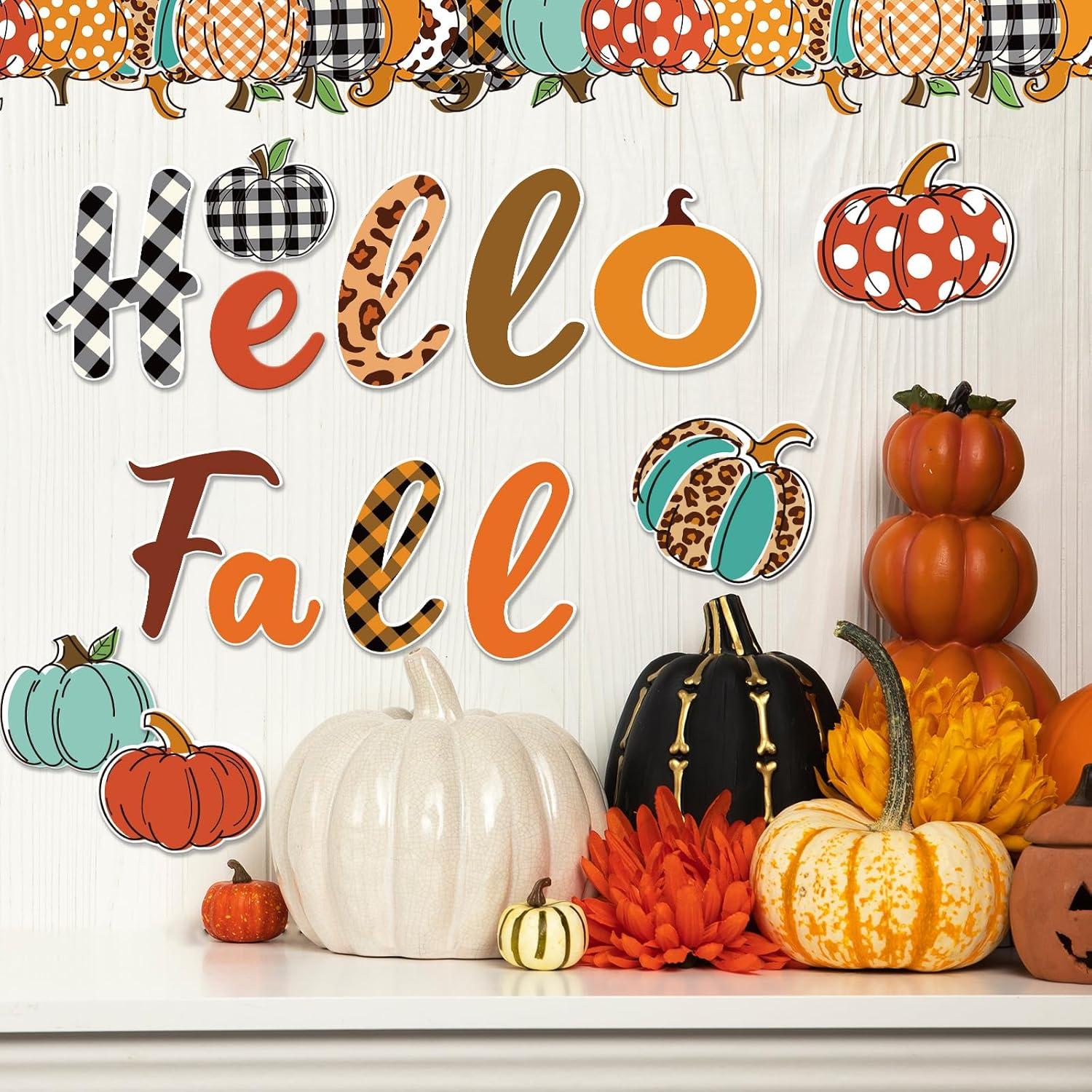 imageWhaline 83Pcs Hello Fall Bulletin Board Kit Pumpkin Bulletin Board Set Plaid Leopard Pumpkin Decoration Border Cutout with Glue Points for Fall Harvest Thanksgiving Classroom Office Home Decor