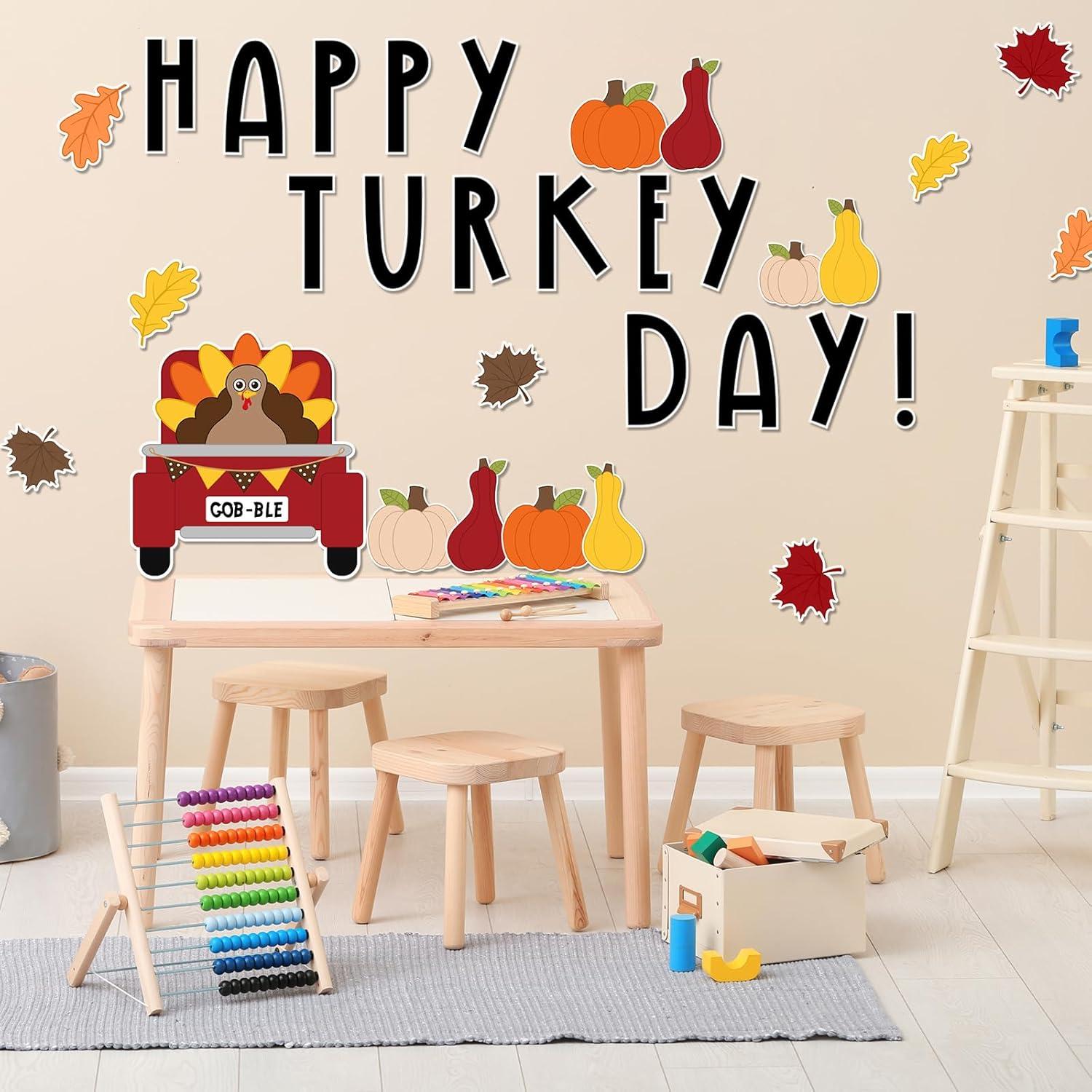 imageWhaline 88Pcs Thanksgiving Bulletin Board Kit Pumpkin Turkey Maple Leaf Bulletin Board Set Happy Turkey Day Decoration Borders Cutouts with Glue Points for Fall Classroom Office Home Wall Decor