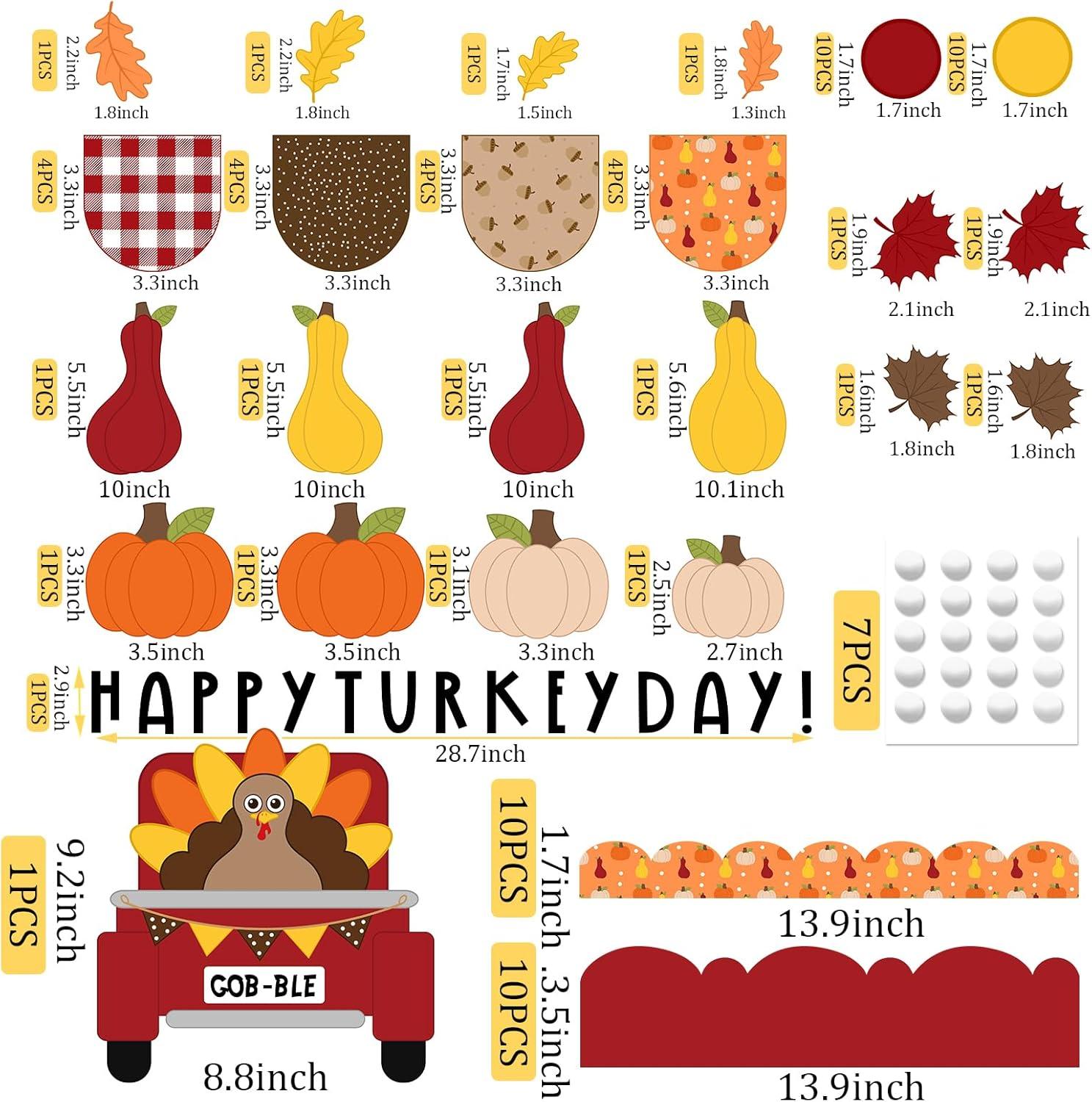 imageWhaline 88Pcs Thanksgiving Bulletin Board Kit Pumpkin Turkey Maple Leaf Bulletin Board Set Happy Turkey Day Decoration Borders Cutouts with Glue Points for Fall Classroom Office Home Wall Decor
