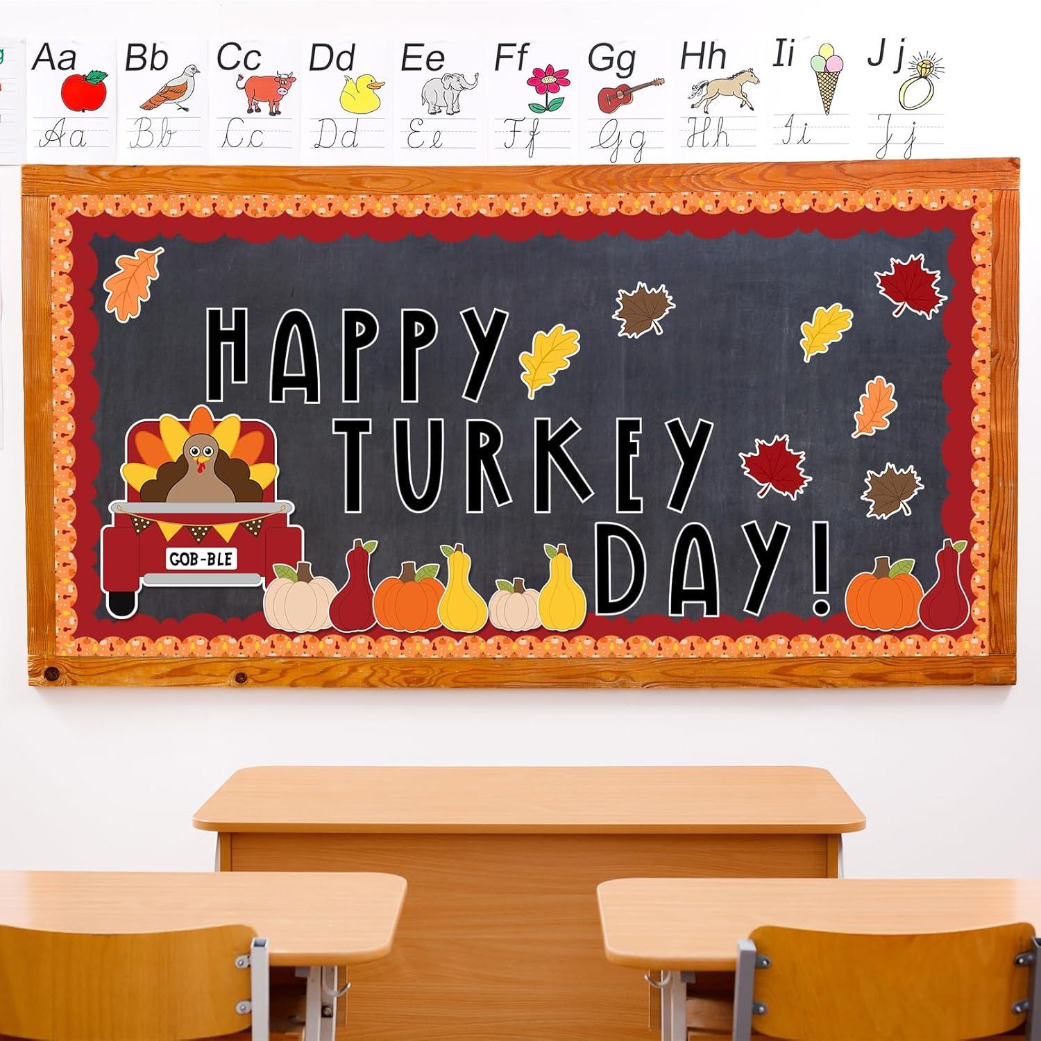 imageWhaline 88Pcs Thanksgiving Bulletin Board Kit Pumpkin Turkey Maple Leaf Bulletin Board Set Happy Turkey Day Decoration Borders Cutouts with Glue Points for Fall Classroom Office Home Wall Decor