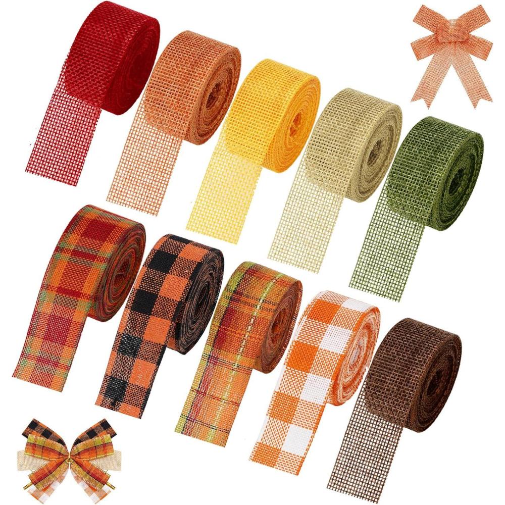 imageWhaline 10 Rolls 50 Yard Fall Plaid Burlap Ribbon 1 Inch Decorative Wrapping Ribbon for Autumn Thanksgiving DIY Crafts Bow Wreath Making Supplies1 Inch